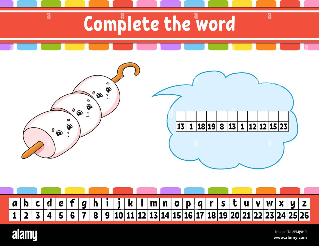 Vervollständigen Sie die Worte. Chiffriercode. Vokabeln und Zahlen lernen. Arbeitsblatt zum Bildungswesen. Aktivitätsseite für die Studie Englisch. Isolierte Vektordarstellung. Stock Vektor