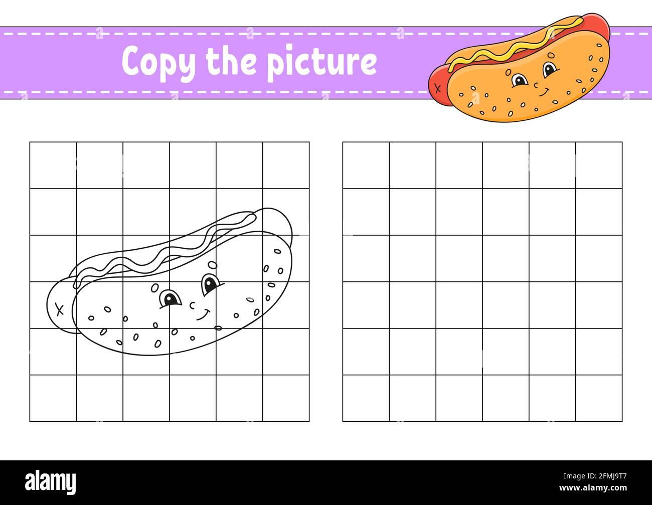 Kopieren Sie das Bild. Malbuch-Seiten für Kinder. Arbeitsblatt zur Entwicklung von Schulungen. Spiel für Kinder. Handschriftverfahren. Zeichentrickfigur. Stock Vektor