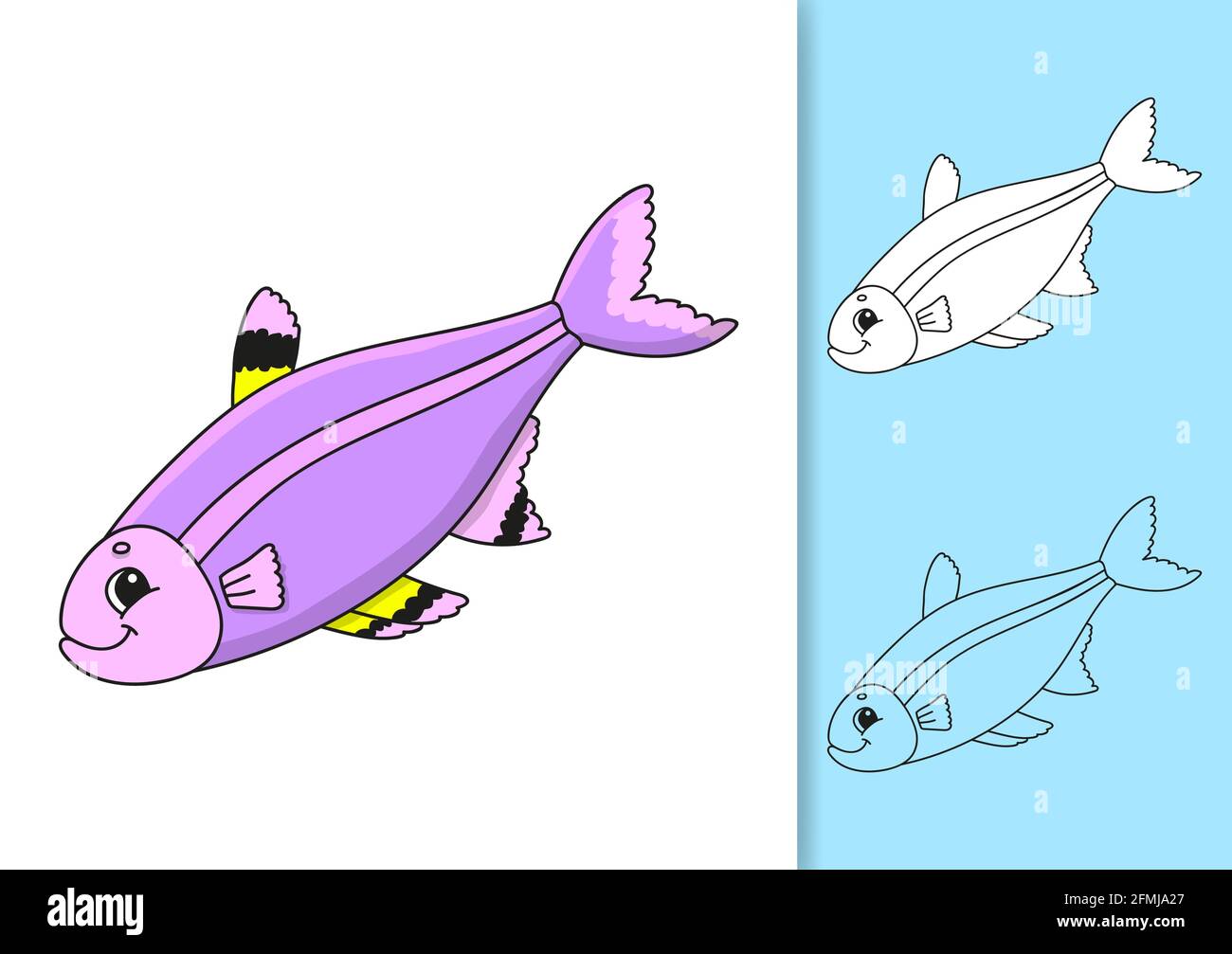 Wasserfische. Satz von Vektorgrafiken, isoliert auf weißem und farbigem Hintergrund. Designelement. Schwarzer Strich. Cartoon-Stil. Stock Vektor