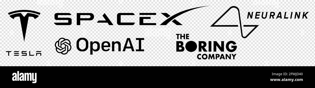 Vinnytsia, Ukraine - 9. Mai 2021: Berühmte Firmen von Elon Musk. Tesla, SpaceX, The Boring Company, OpenAI, Neuralink. Vektorlogo auf Transpa isoliert Stock Vektor