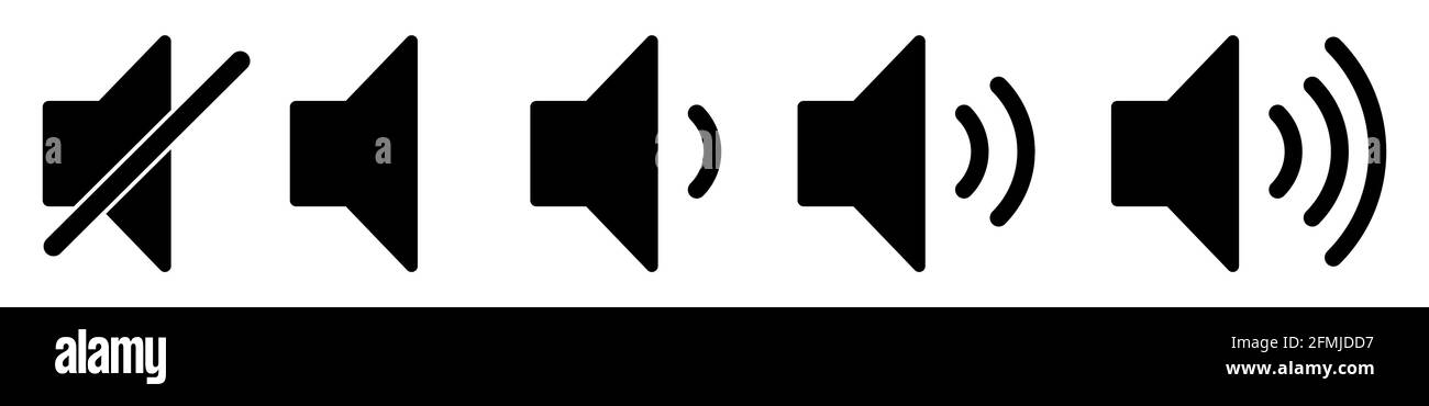 Satz von Symbolen für die Lautstärke mit unterschiedlichen Signalpegeln. Tonsymbol, Lautstärkesymbol, Lautsprecherzeichen. Vektor auf Weiß isoliert Stock Vektor