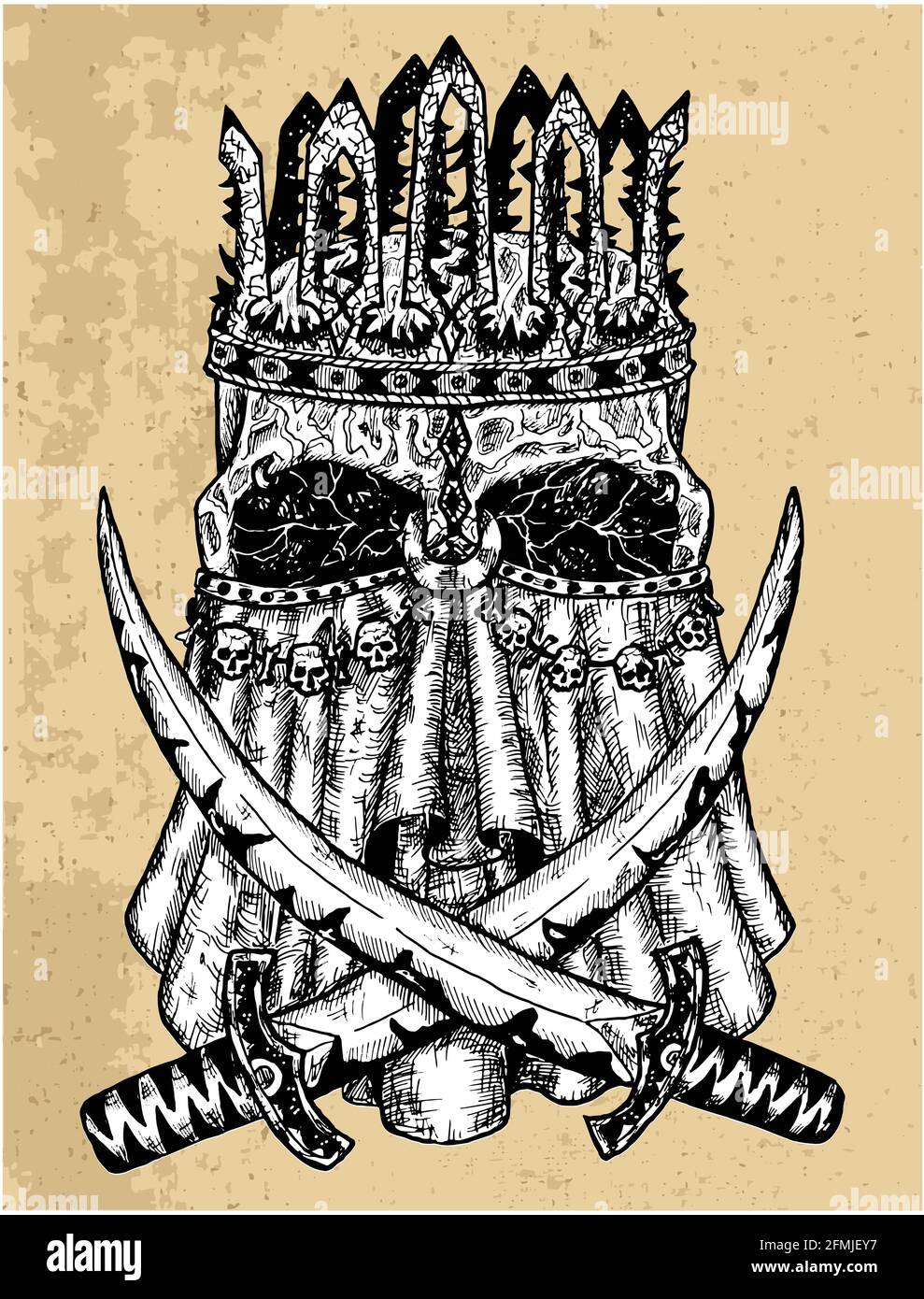 Texturierte Abbildung des gruseligen Totenschädels des Königs in Krone und Maske mit zwei Schwertern. Mystischer Hintergrund für Halloween, esoterische, gotische, okkulte Konzept Stock Vektor