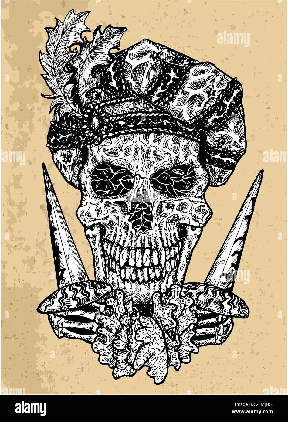 Texturierte Illustration eines gruseligen Totenschädel-Portraits mit mittelalterlicher Mütze und Dolchmessern. Mystischer Hintergrund für Halloween, Esoterik, Gothic, Occul Stock Vektor
