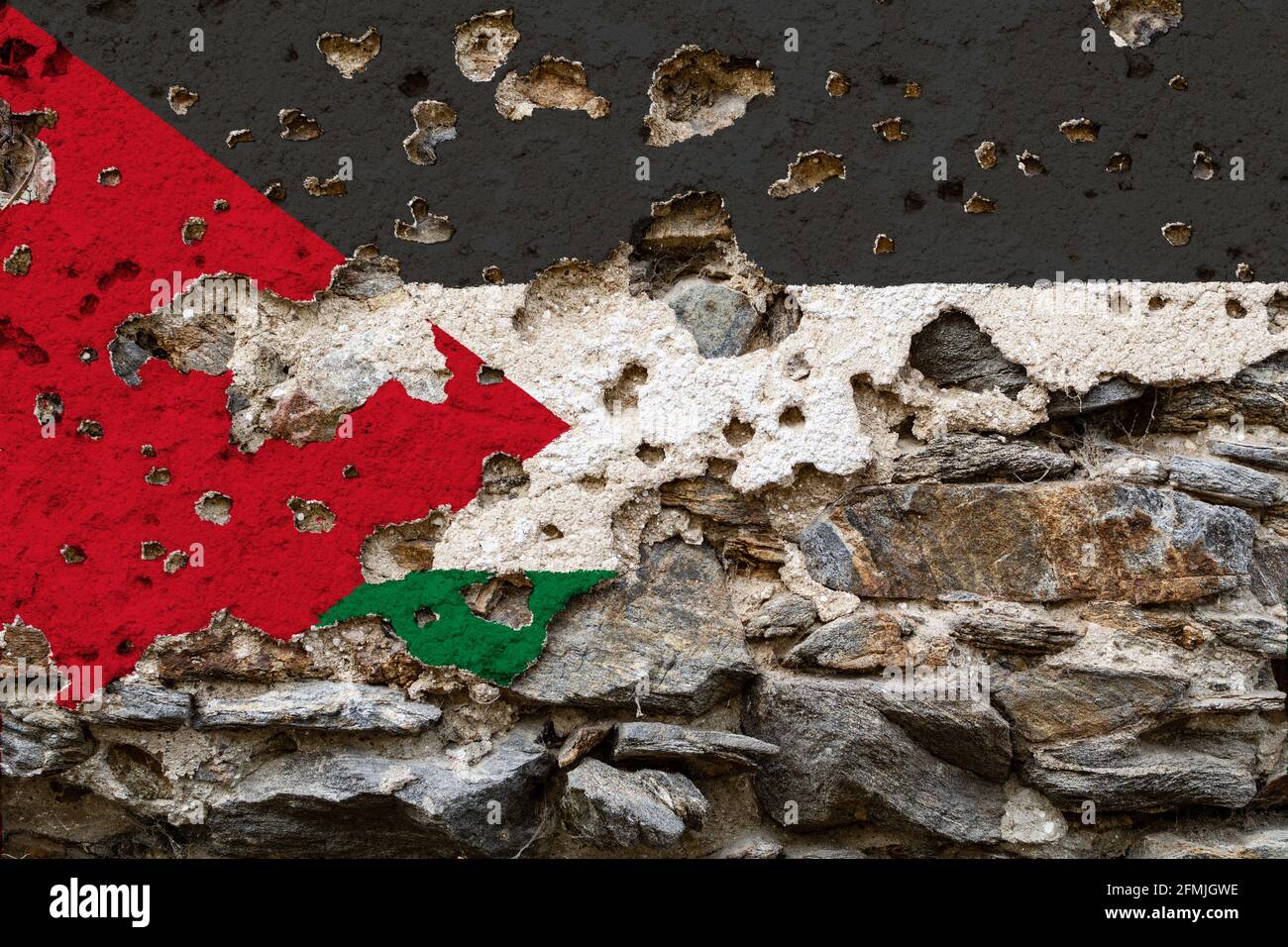 Konzept der politischen Situation in Palästina mit einer beschädigten, bemalten Flagge auf einer rissigen Wand mit Löchern. 3D-Illustration. 3D-Rendering Stockfoto