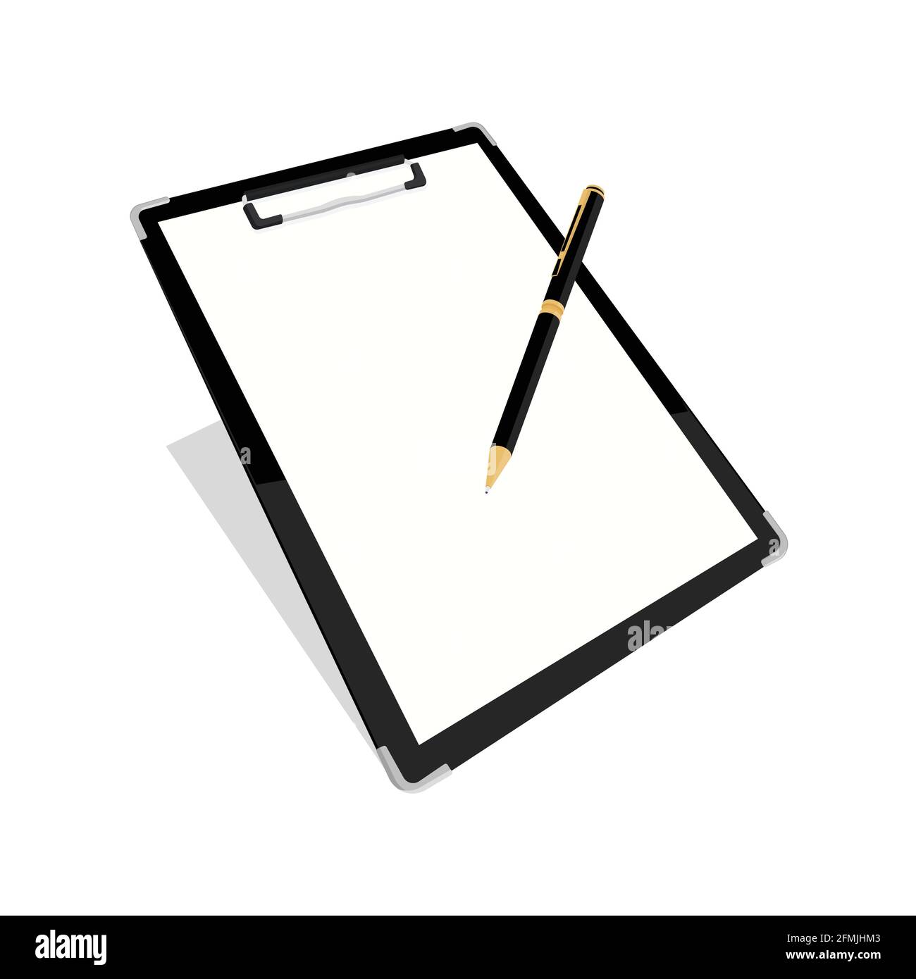 Schwarze Zwischenablage mit leerem weißen Blatt und Stift, der Notizen auf der Zwischenablage abgibt. Isoliert auf weißem Hintergrund. Vektor Stock Vektor