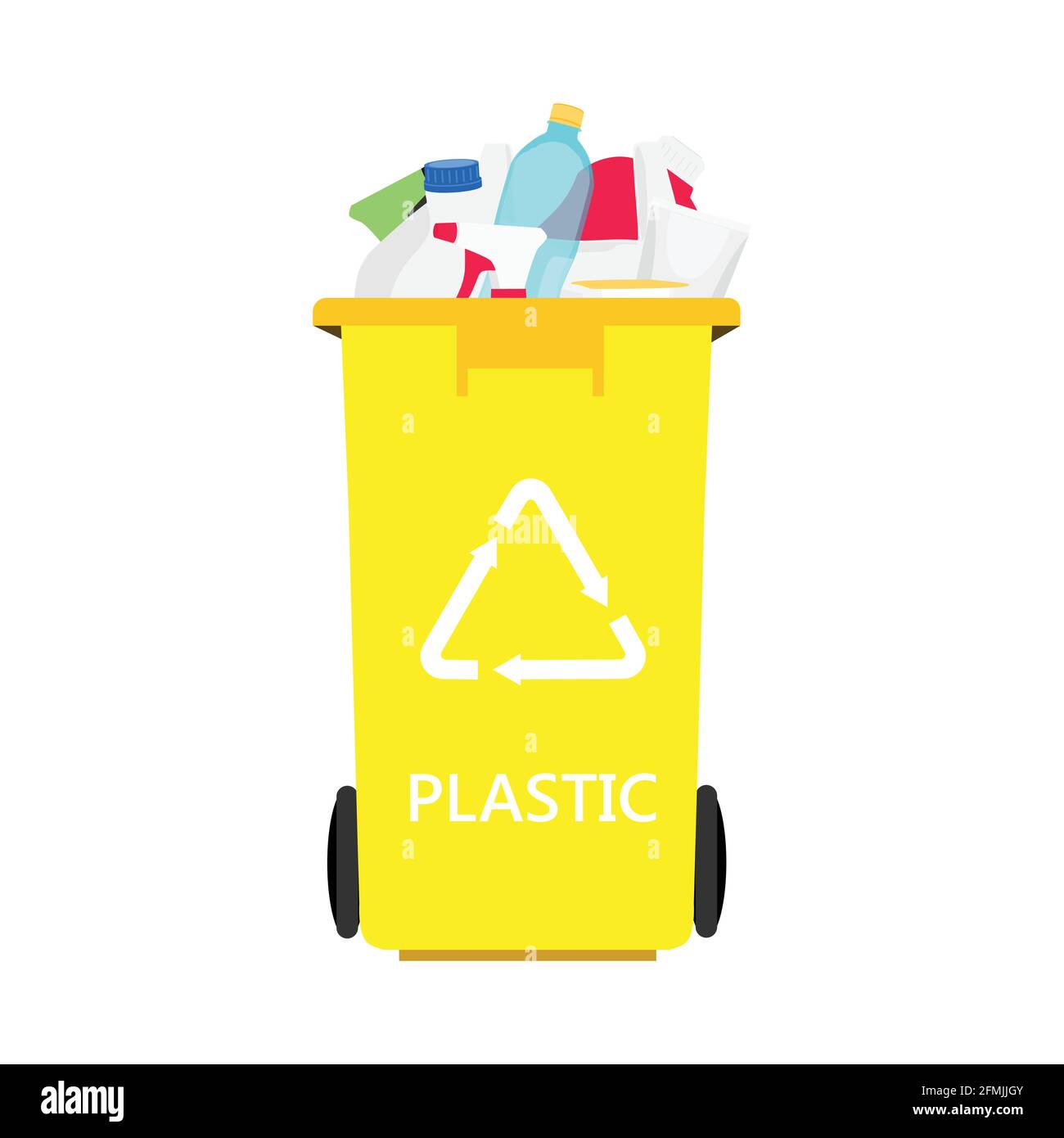 Gelbe Dose mit sortiertem Plastikmüll-Vektor-Symbol. Recycling Mülltrennung und Recycling isoliert auf weißem Hintergrund. Recyclingkonzept Stock Vektor