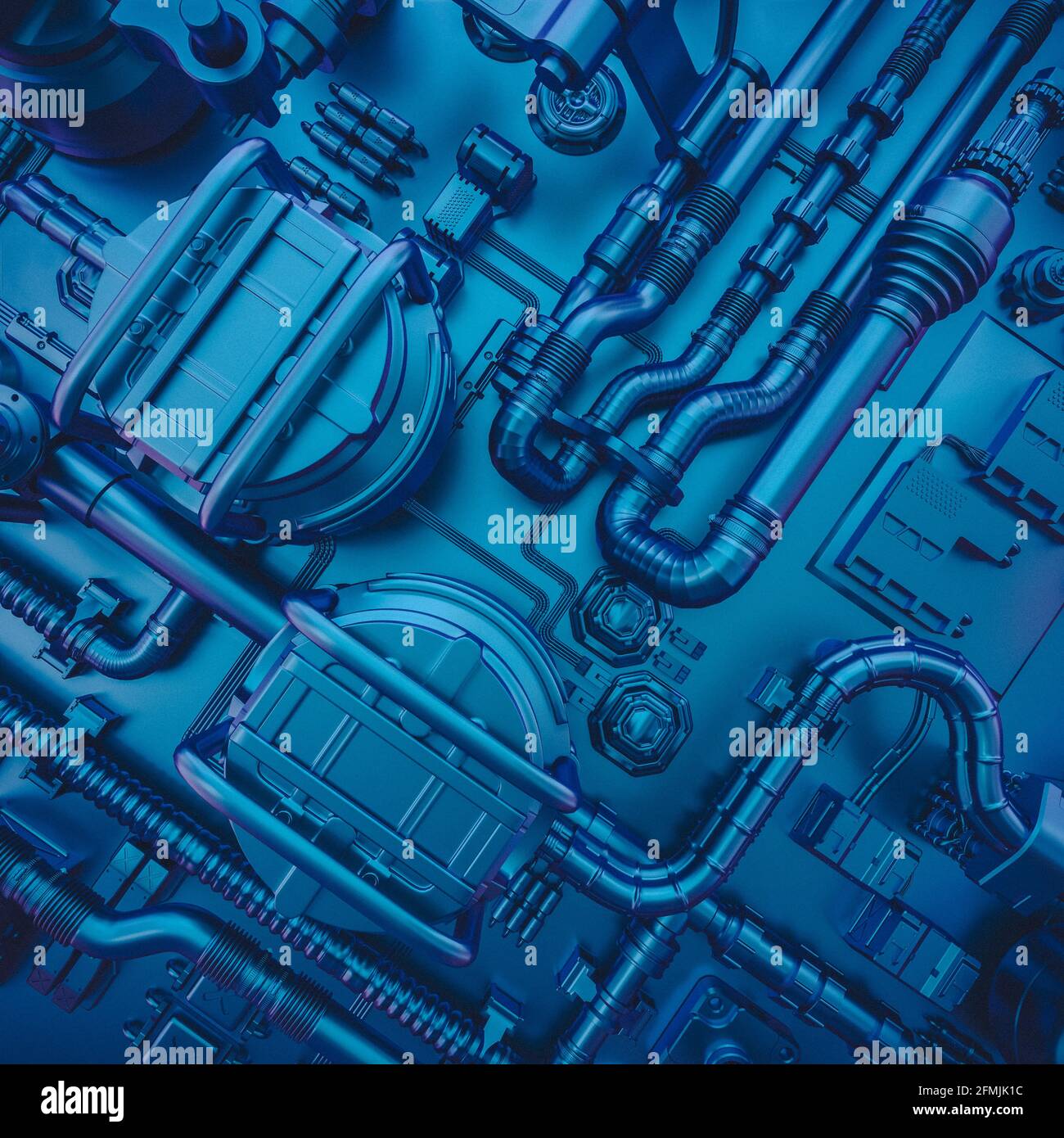 sci-Fi-Hintergrund in dunklen Farbtönen mit mechanischen und elektronischen Elementen. 3d-Rendering. Stockfoto