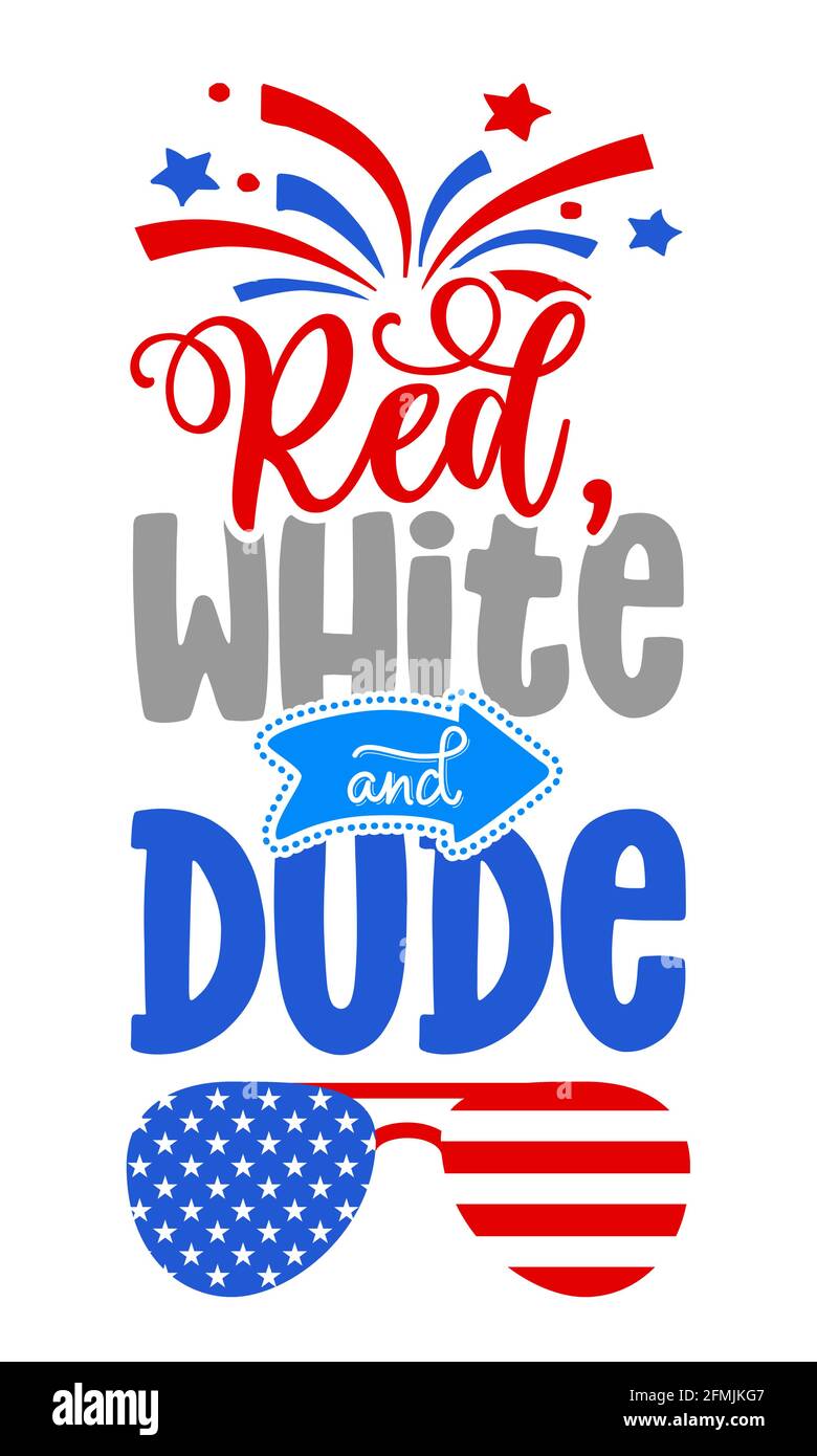 Red, whie and Dude - Happy Independence Day 4. Juli Schriftzug Design Illustration mit Bieren. Geeignet für Werbung, Poster, Ankündigung, Einladung, Stock Vektor