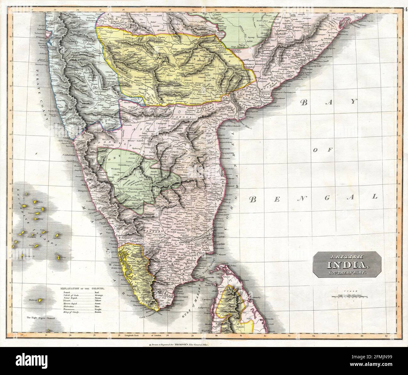 Kupferstich-Landkarte von Indien aus dem 19. Jahrhundert. Alle Karten sind wunderschön farbig und illustriert und zeigen die Welt zu dieser Zeit. Stockfoto