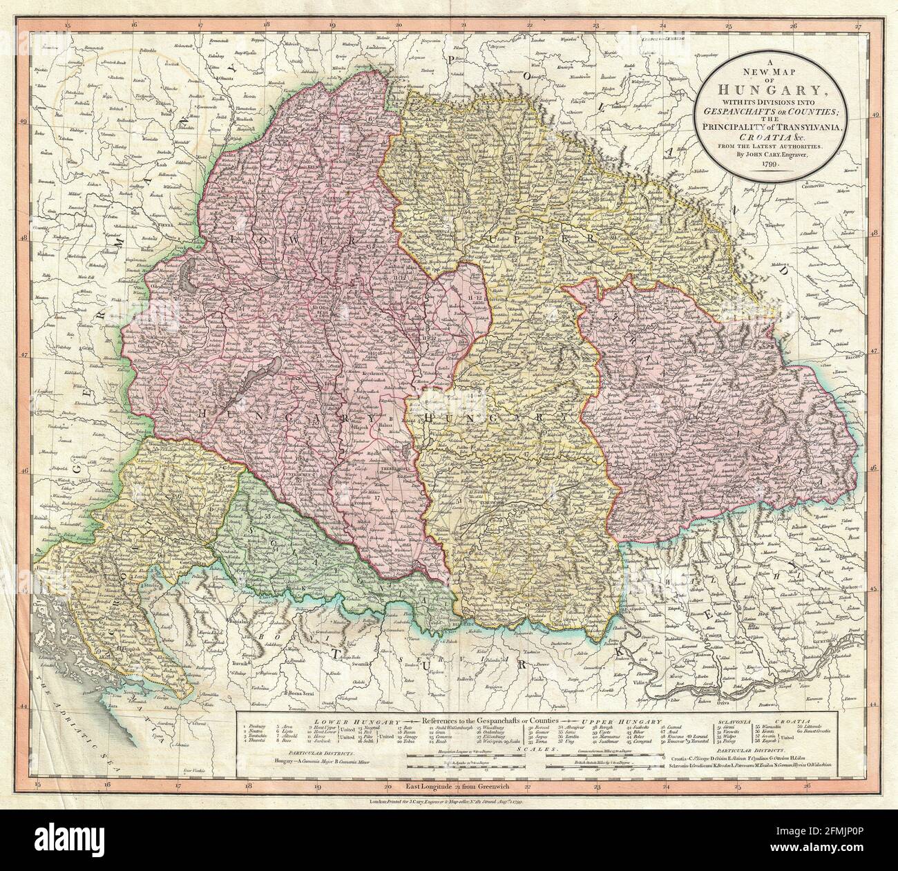Historische Kupferstich-Landkarte von Ungarn und aus dem 19. Jahrhundert. Alle Karten sind 