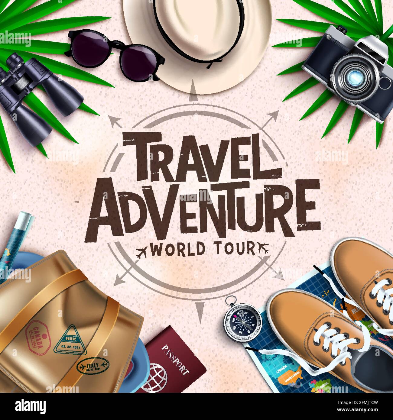 Reisen Abenteuer Vektor-Design. Travel Adventure World Tour Text mit touristischem Element wie Tasche, Sneakers, Karte und Kamera für das weltweite Reisen. Stock Vektor