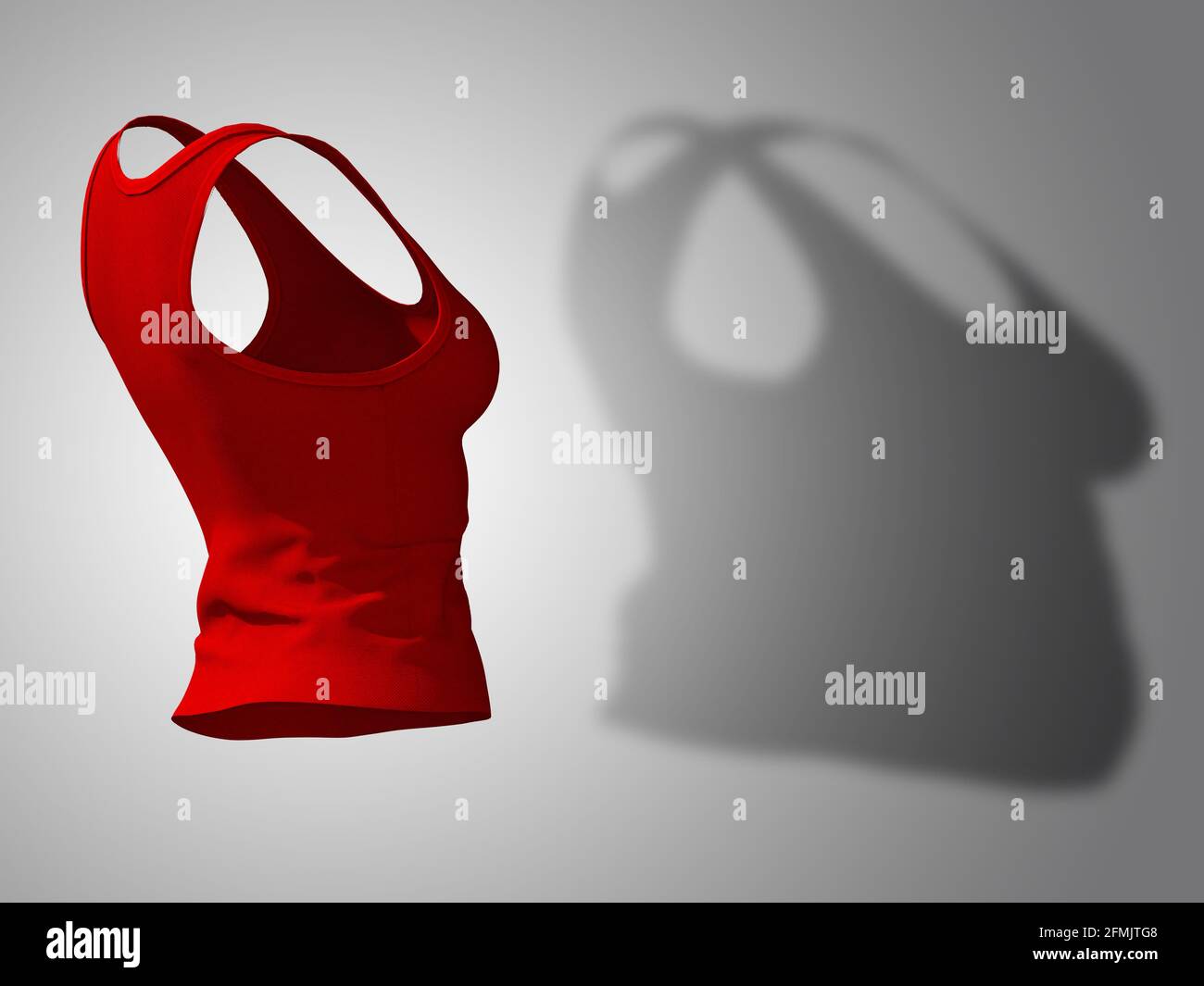 Conceptual Fat Übergewicht fettleibig Schatten weibliche Unterhemd vs Slim Fit gesunder Körper nach Gewichtsverlust oder Diät dünne junge Frau auf rot. Eine Fitness, nussig Stockfoto