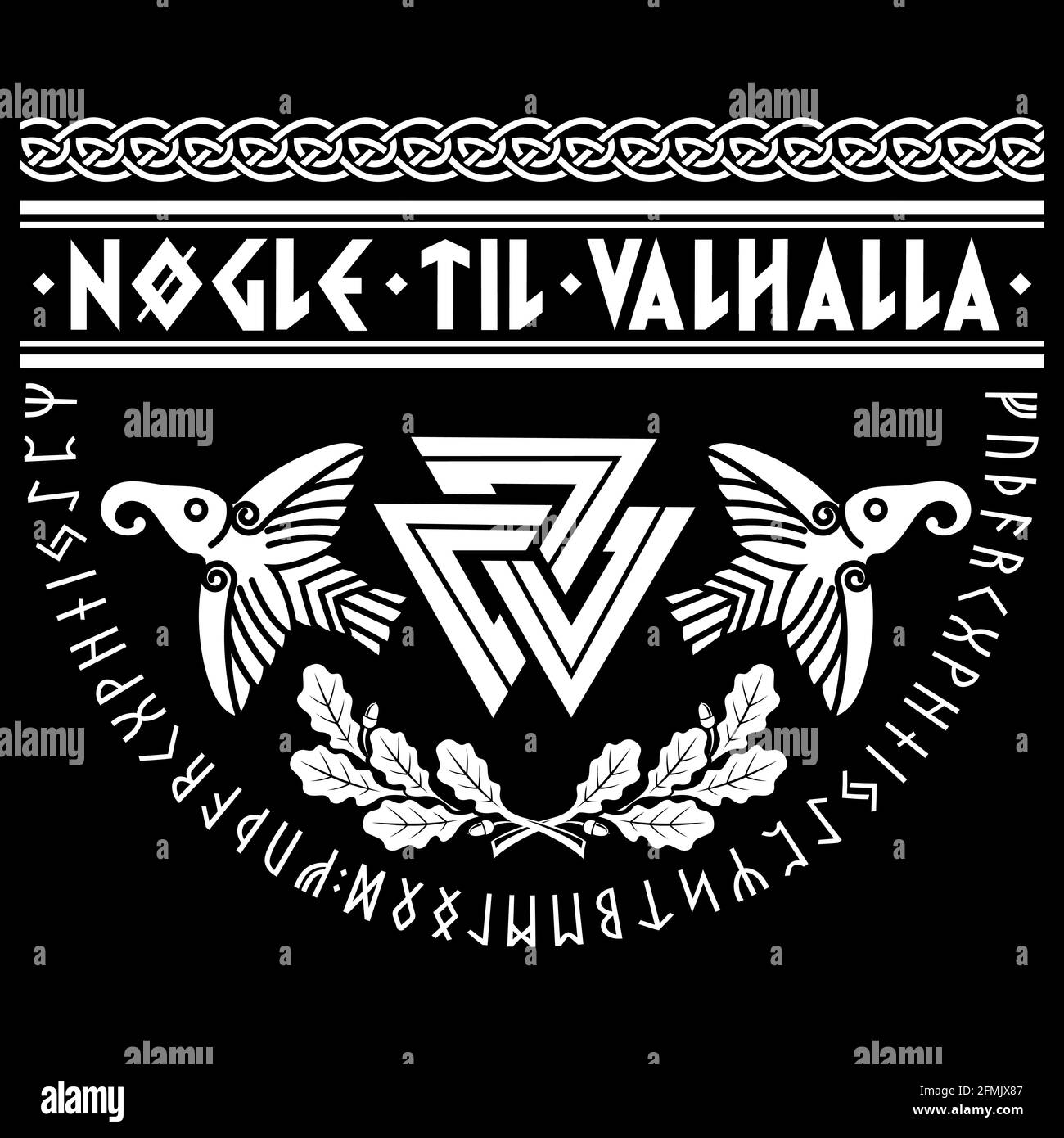 Valknut uraltes heidnisches nordgermanisches Symbol, alte skandinavische Runen, Wikinger-Slogan - die Schlüssel zu Valhalla, Eichenblätter und zwei Raben Stock Vektor