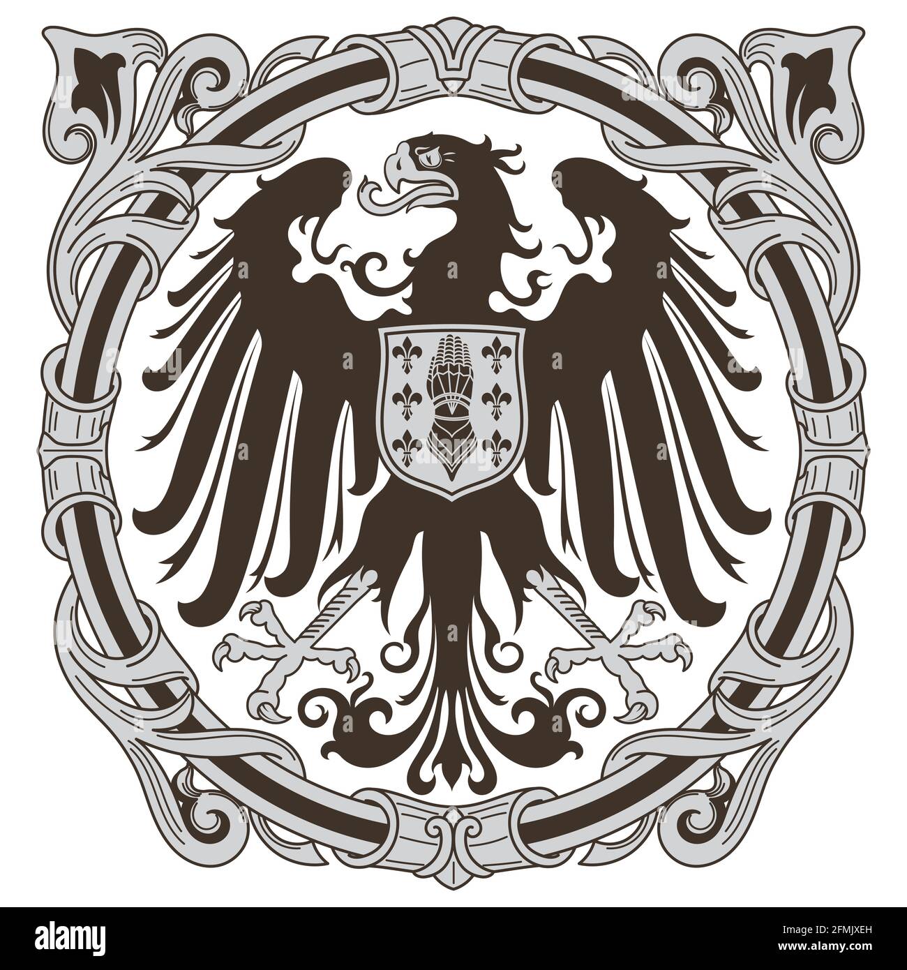 Mittelalterliches Wappentier-Design, Wappadler, Ritterschild, floraler Ornament Stock Vektor