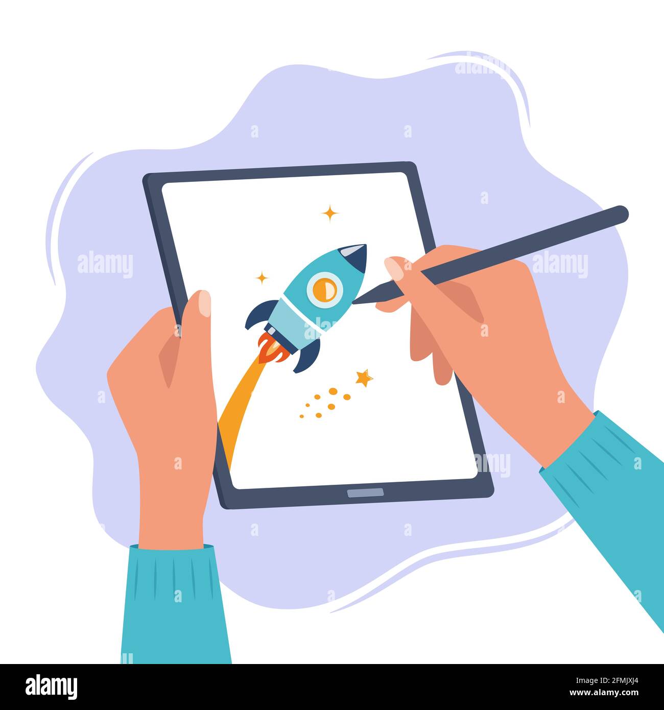 Designer Illustrator zeichnet eine niedliche Illustration auf Grafik-Tablet  mit Stift. Hände halten Tablet und Stylus Pen. Kunst schaffen,  Grafik-Design, digital Stock-Vektorgrafik - Alamy