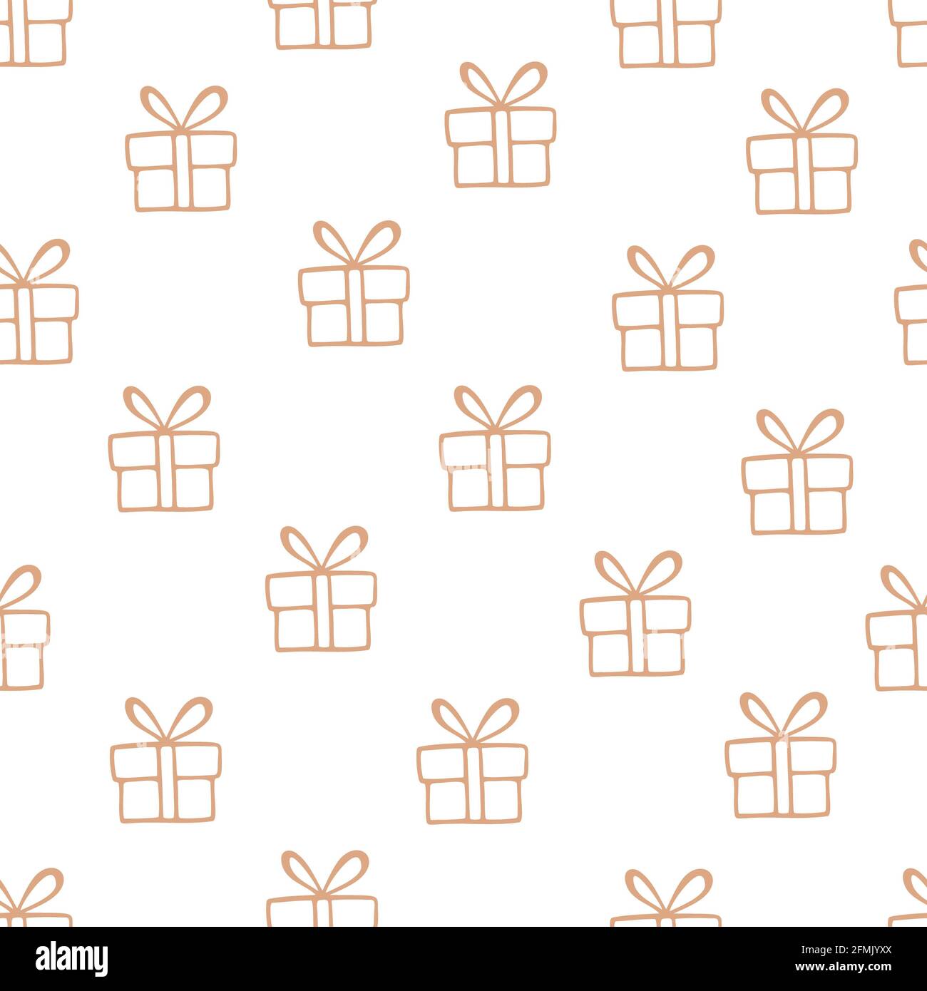 Vektor nahtloses Muster mit handgezeichneten Geschenkbox mit Knoten. Einfaches Design für Weihnachtsverpackungen, Textilien und Hintergründe Stockfoto