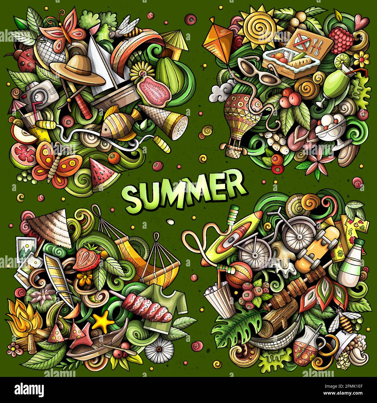 Sommer Cartoon Vektor Doodle Designs Set. Farbenfrohe, detailreiche Kompositionen mit vielen Saisonobjekten und Symbolen. Alle Elemente sind getrennt Stock Vektor