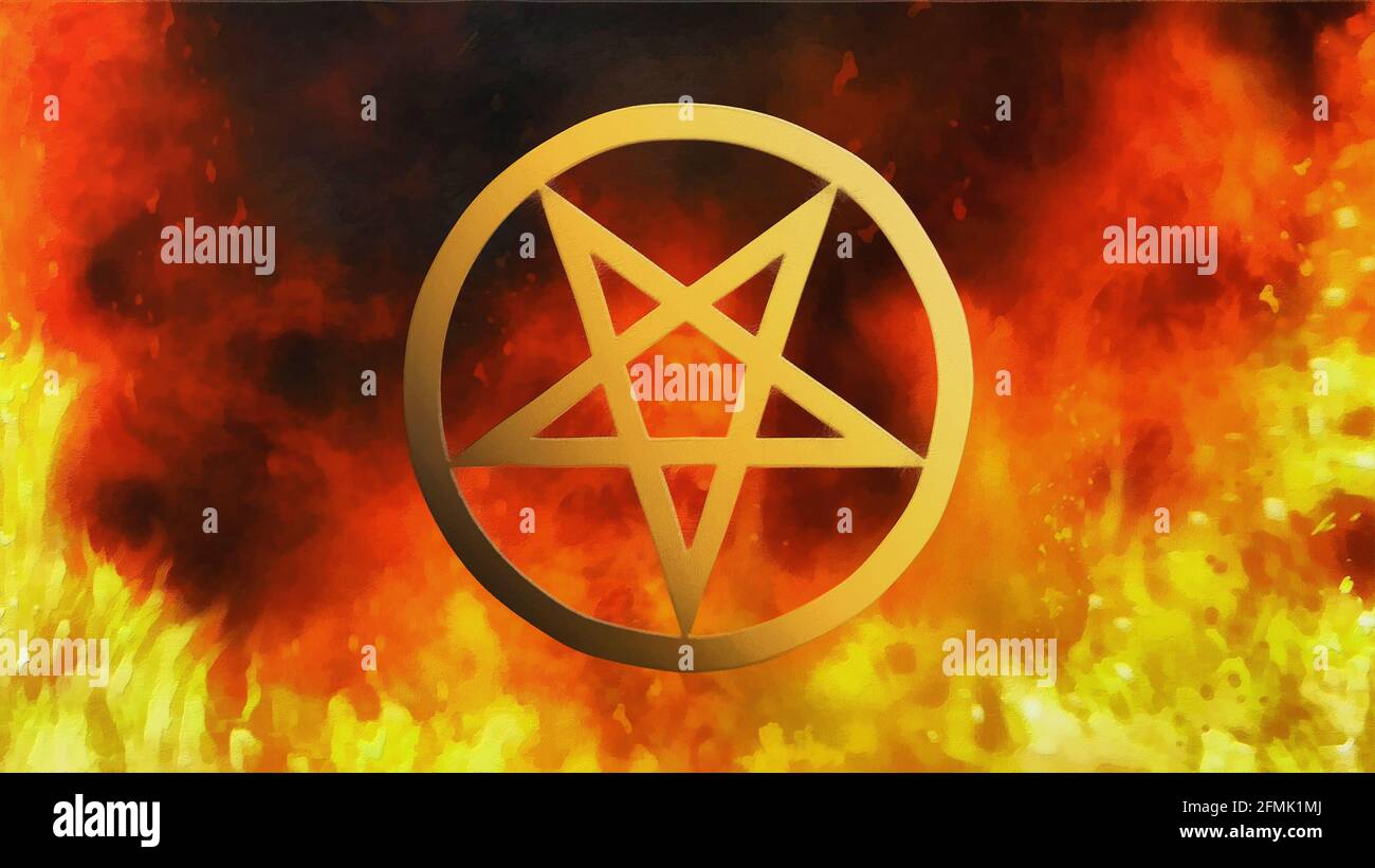 Satanisches Pentagramm auf feurigem Hintergrund. Künstlerische Arbeit Stockfoto