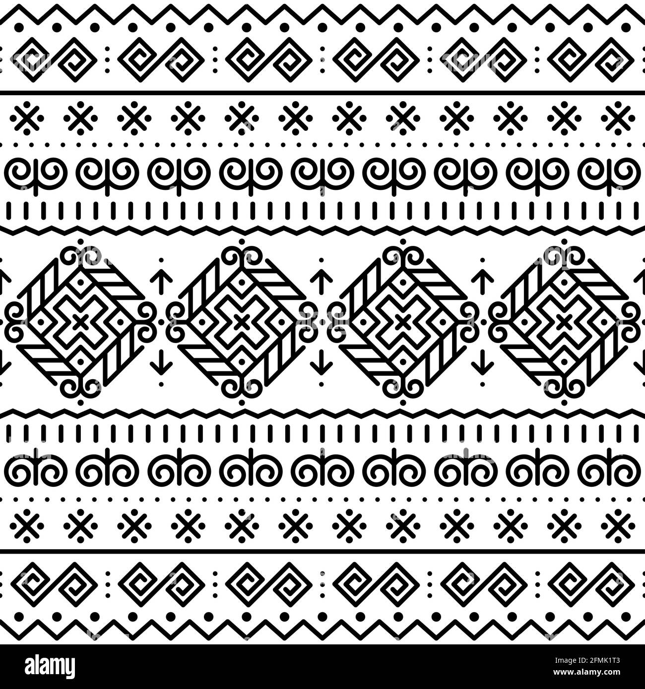 Slowakische Volkskunst Vektor nahtlose Muster mit schwarzen ethnischen, Tribal geometrischen Formen - inspiriert von traditionellen gemalten Kunst aus dem Dorf Cicmany in Zilin Stock Vektor