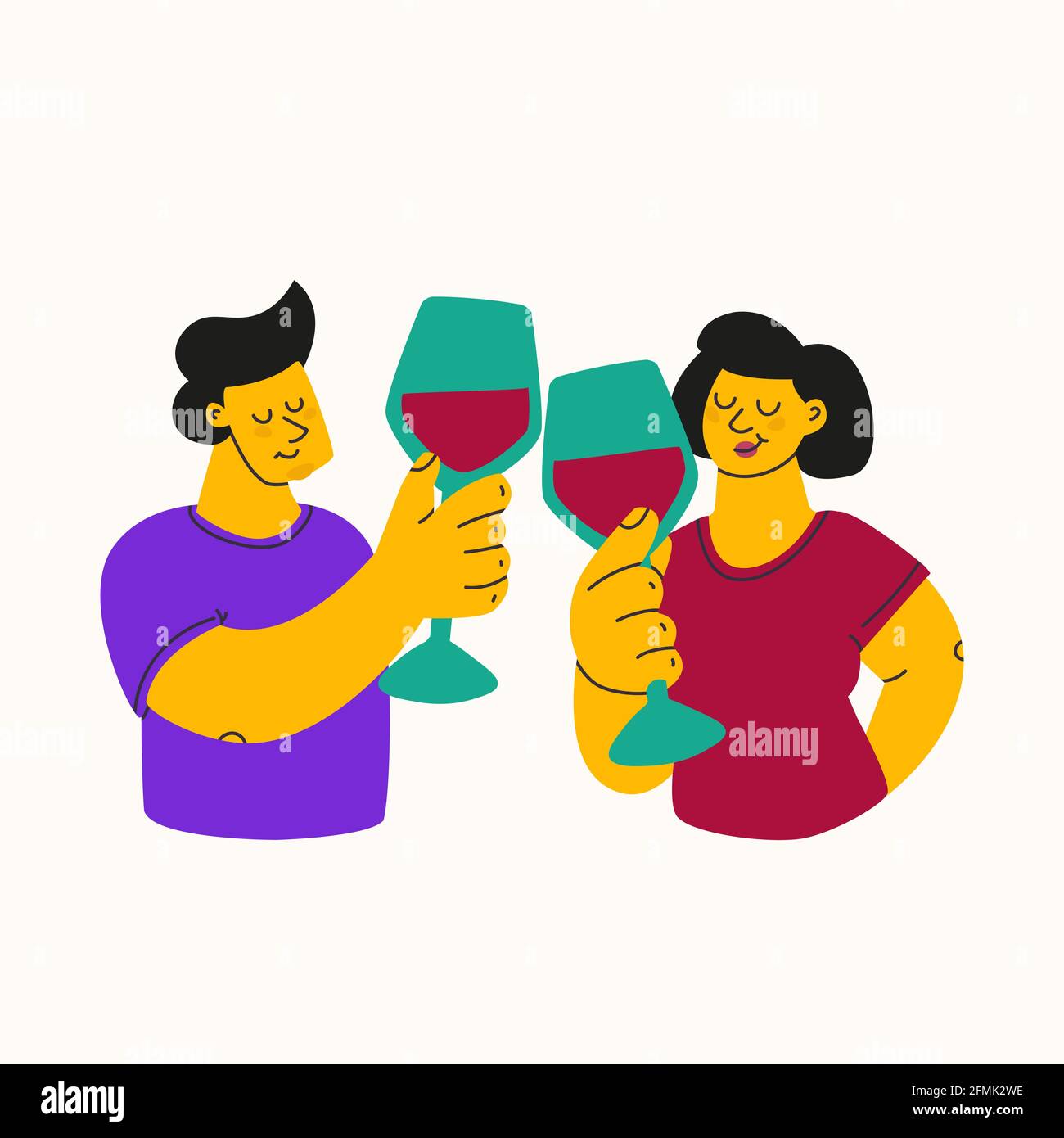 Ein Mann und eine Frau klirken Gläser Wein. Niedliche farbige Figuren auf einem romantischen Date oder einer Feier für Verliebte. Vektorgrafik für Design Stock Vektor