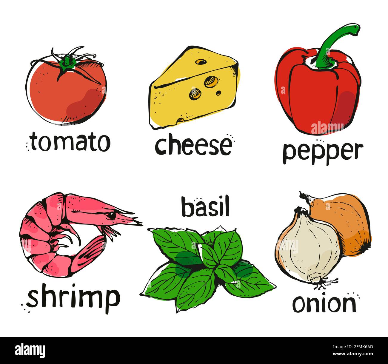 Vector Set von Zutaten für Pizza, Tomaten, Käse, Pfeffer, Basilikum, Zwiebel, Garnelen isoliert auf weißem Hintergrund Stock Vektor