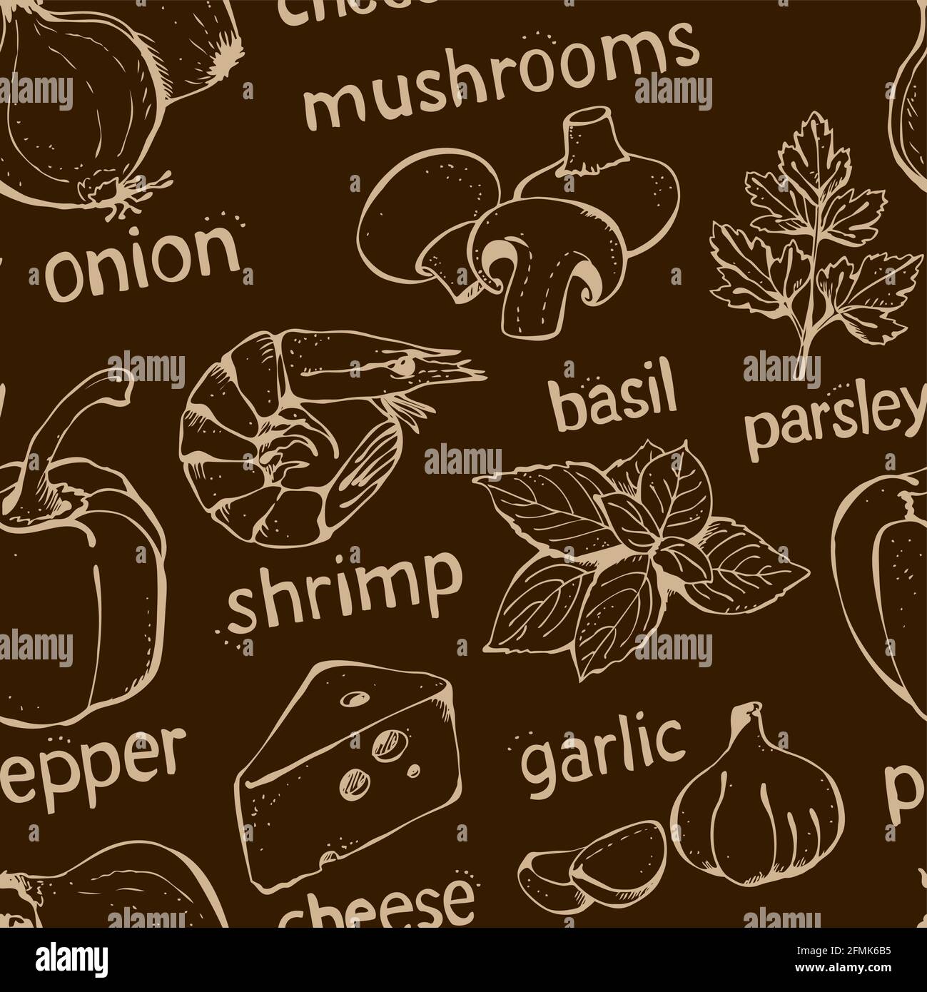 Vector Set von Zutaten für Pizza, Tomaten, Käse, Pfeffer, Basilikum, Zwiebeln, Garnelen, Pilze, Schinken, Knoblauch, Oliven, Fleisch auf einem braunen Backgrou isoliert Stock Vektor