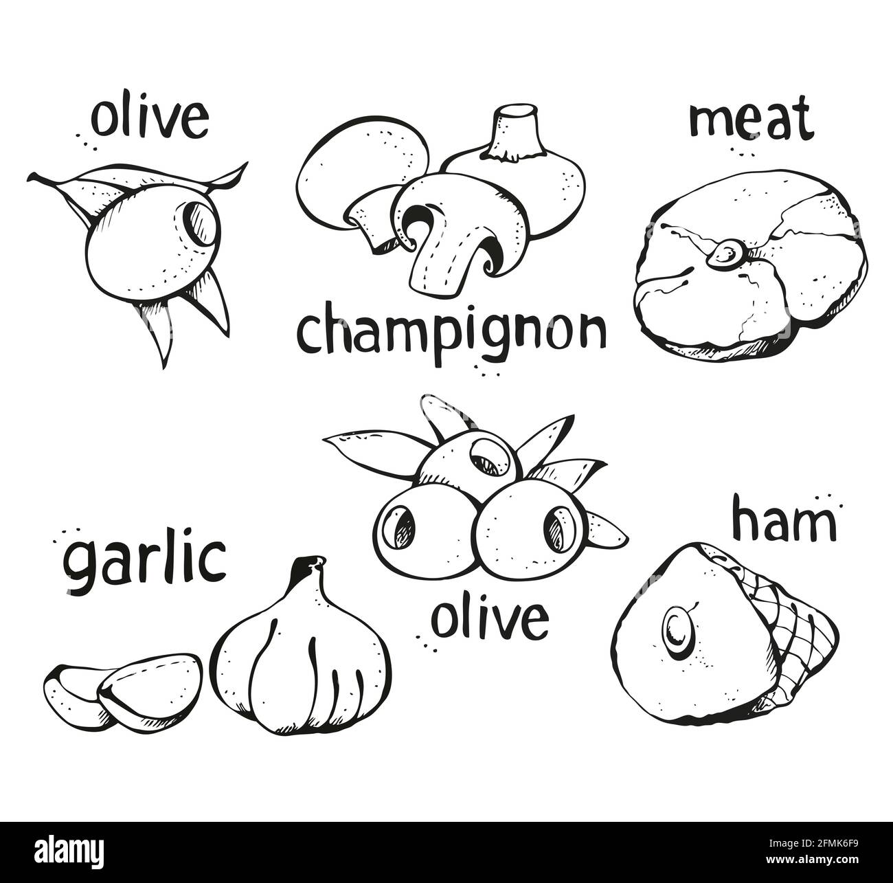 Vector Set von Zutaten für Pizza, Pilze, Schinken, Knoblauch, Oliven, Fleisch isoliert auf weißem Hintergrund Stock Vektor