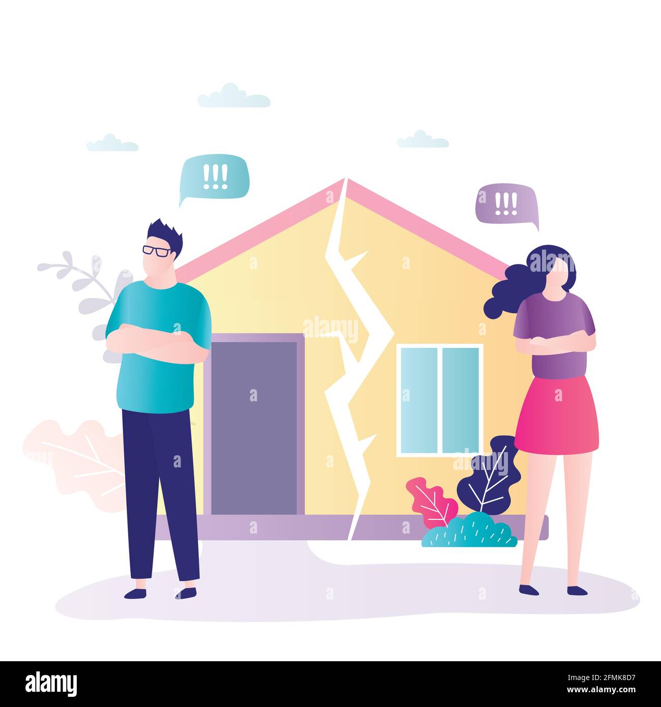 Paar streiten sich. Psychologie psychische Probleme Konzept. Depression und Scheidung. Beziehung Familie Konflikt, Stress. Ruiniertes Familienhaus. Männlich und FEM Stock Vektor
