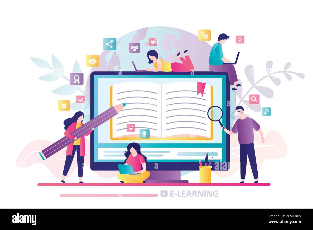 E-Learning-Banner. Online-Bildung, Home Schooling. Mit geöffnetem Lehrbuch anzeigen. Gruppe von verschiedenen Studenten lernen. Webkurse, Tutorials. Bildung Stock Vektor