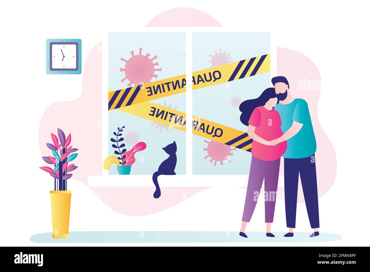 Liebespaar bleibt zu Hause, in Quarantäne oder in Selbstisolation. Gesundheitskonzept. Schwanger Frau und Mann. Gelbe Quarantänebänder im Fenster. Globale vir Stock Vektor