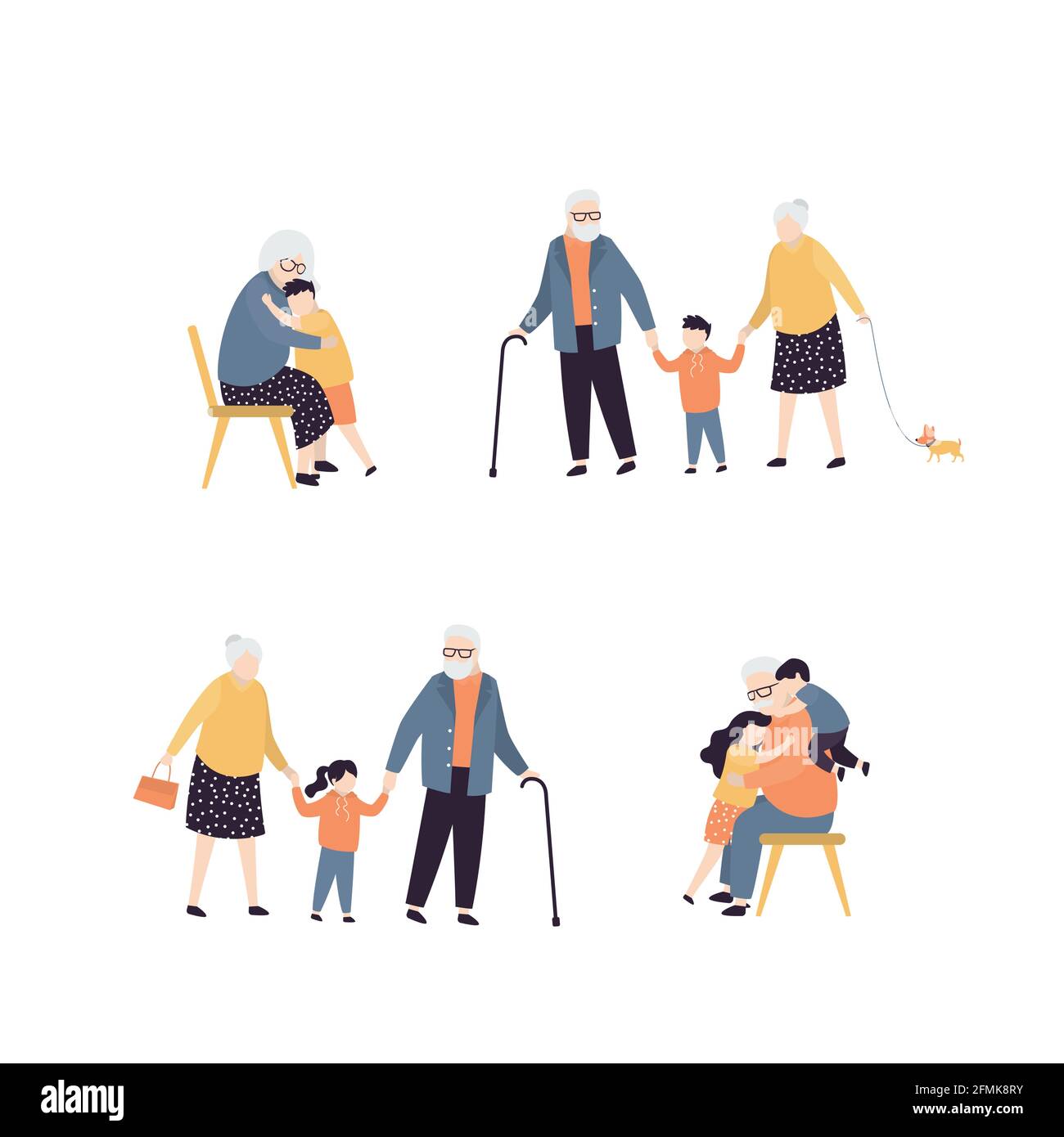 Sammlung verschiedener Aktivitäten mit Großeltern. Nette Großmutter umarmt mit Enkel. Großvater viel Spaß mit kleinen Kindern. Gruppe älterer Menschen Stock Vektor