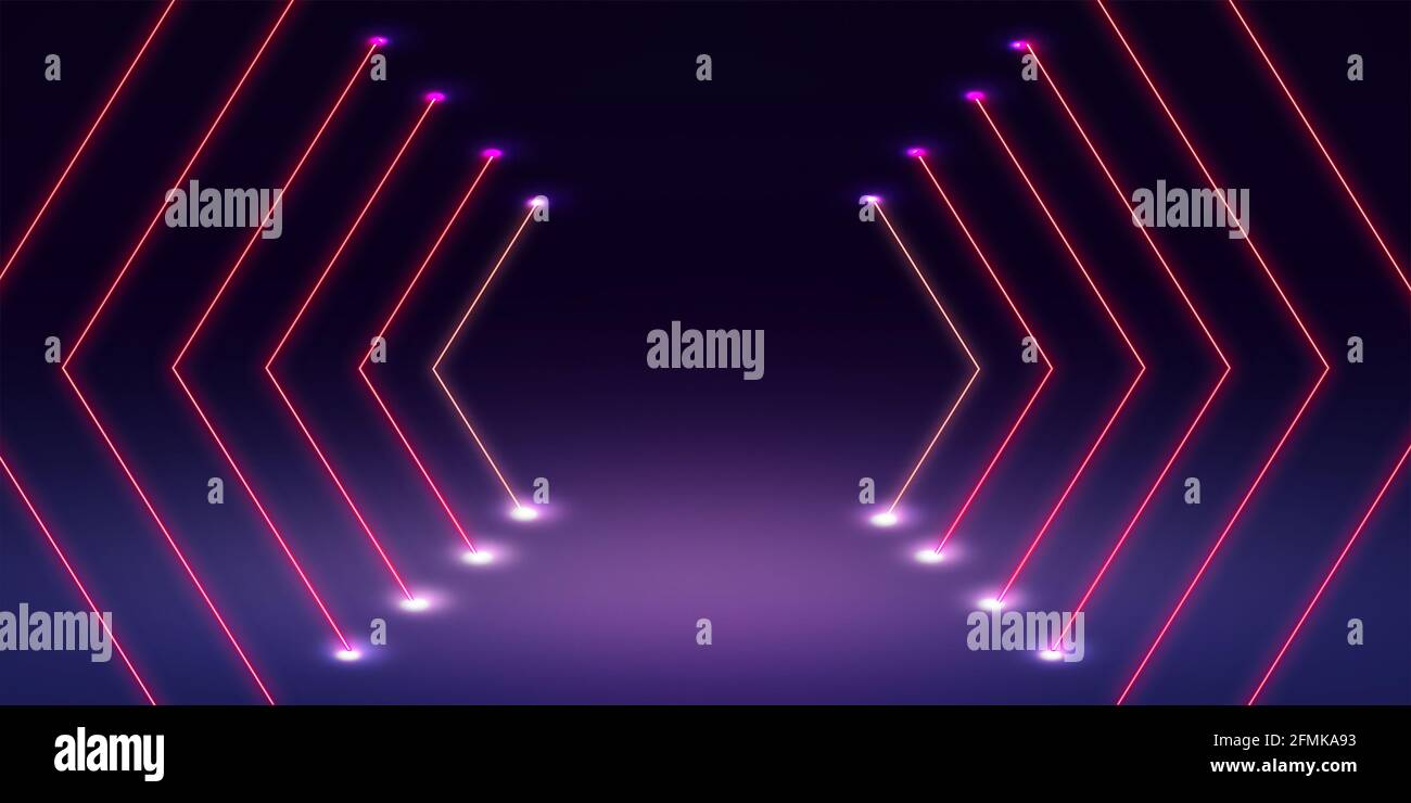 Ultraviolette Neon-Laserlinien, abstrakte Strahlen Technologie Retro-Hintergrund. Futuristisches, leuchtendes Grafikdesign. Abbildung Stockfoto