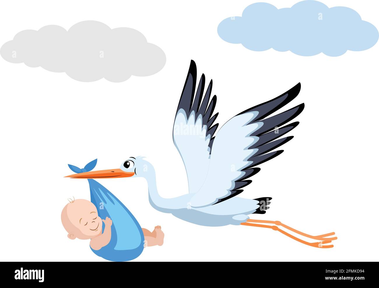 Baby trägt Vogel am Himmel. Die Geschichte vom neugeborenen Baby und dem Storch. Stock Vektor