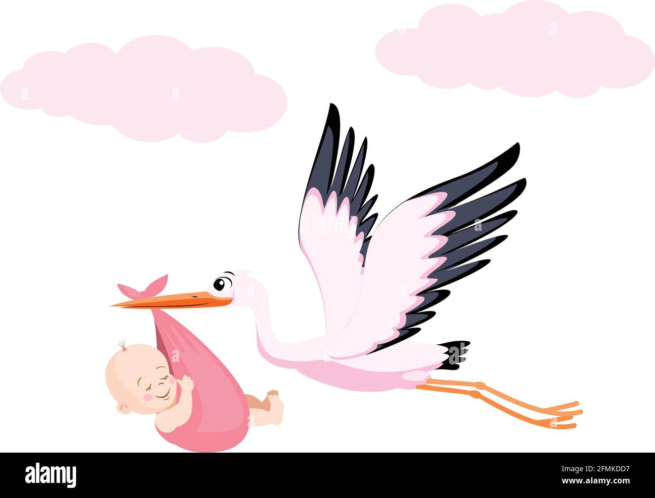 Baby trägt Vogel am Himmel. Die Geschichte vom neugeborenen Baby und dem Storch. Stock Vektor