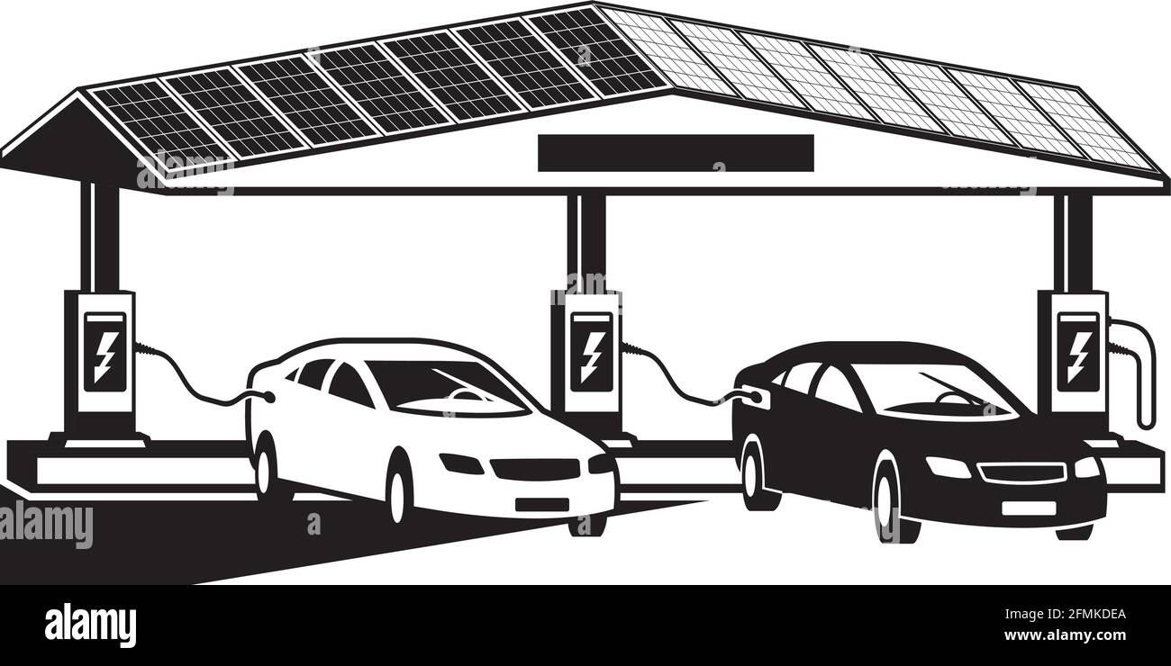 Elektrofahrzeuge an der Ladestation mit Photovoltaik-Paneelen – Vektor Abbildung Stock Vektor