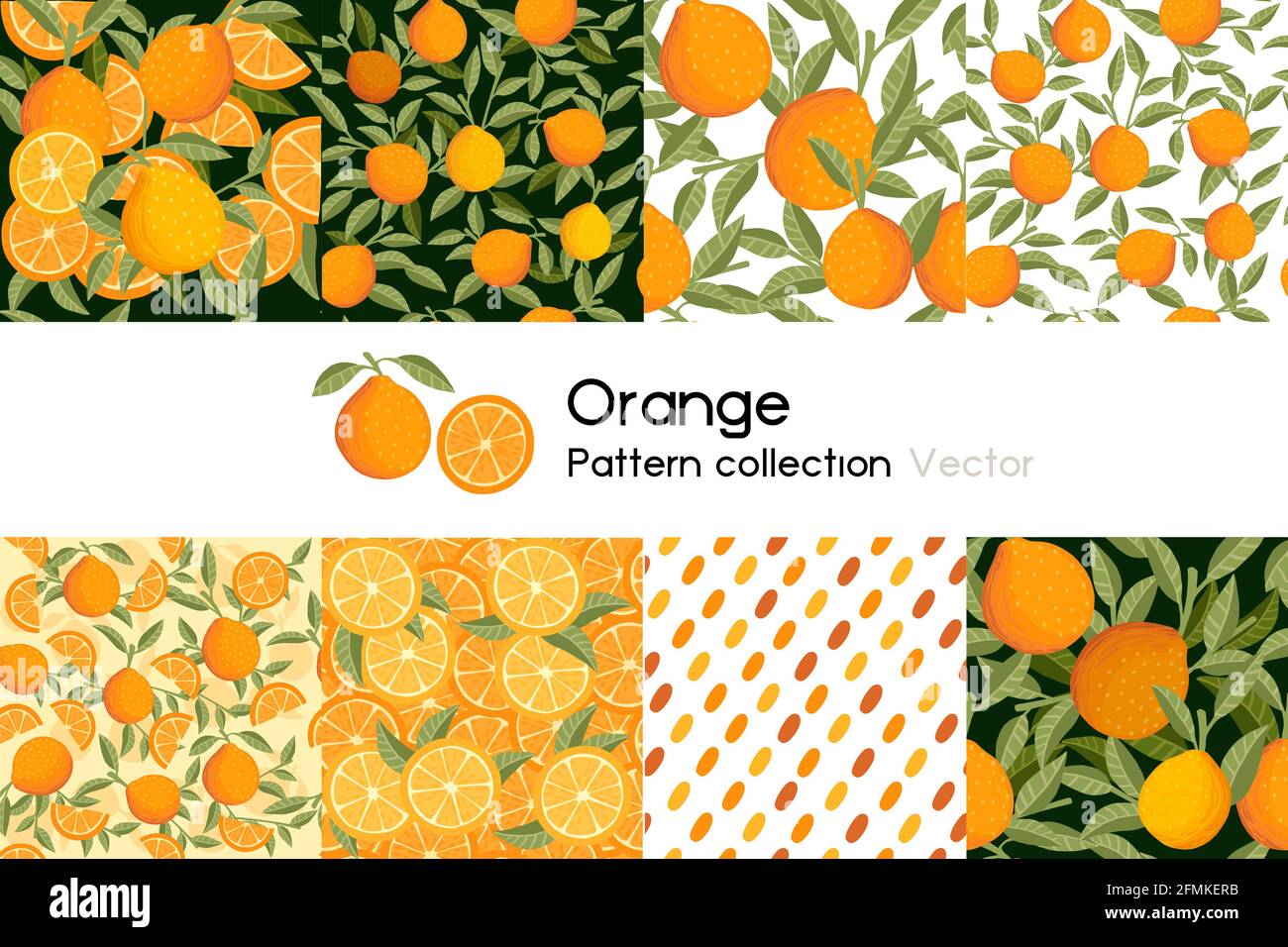 Muster mit nahtlosen Mustern Sammlung von ganzen und gehackten Orange Mit Blättern oder nicht Vektor-Illustration auf weißem Hintergrund Stock Vektor