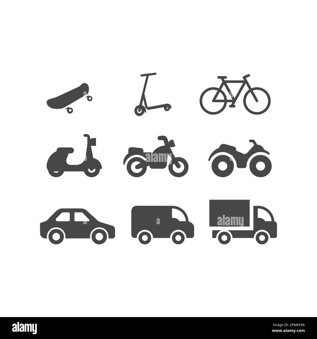 Vektorsymbole für Kraftfahrzeuge, Autos und Lastwagen. Schwarze Symbole für Motorrad, Fahrrad, atv und Roller. Stock Vektor