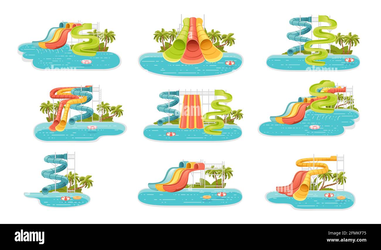 Satz von Wasserpark Illustration mit farbigen Kunststoff-Schraubschlitten und Pool mit Palme am Ufer Vektor-Illustration auf Weißer Hintergrund Stock Vektor