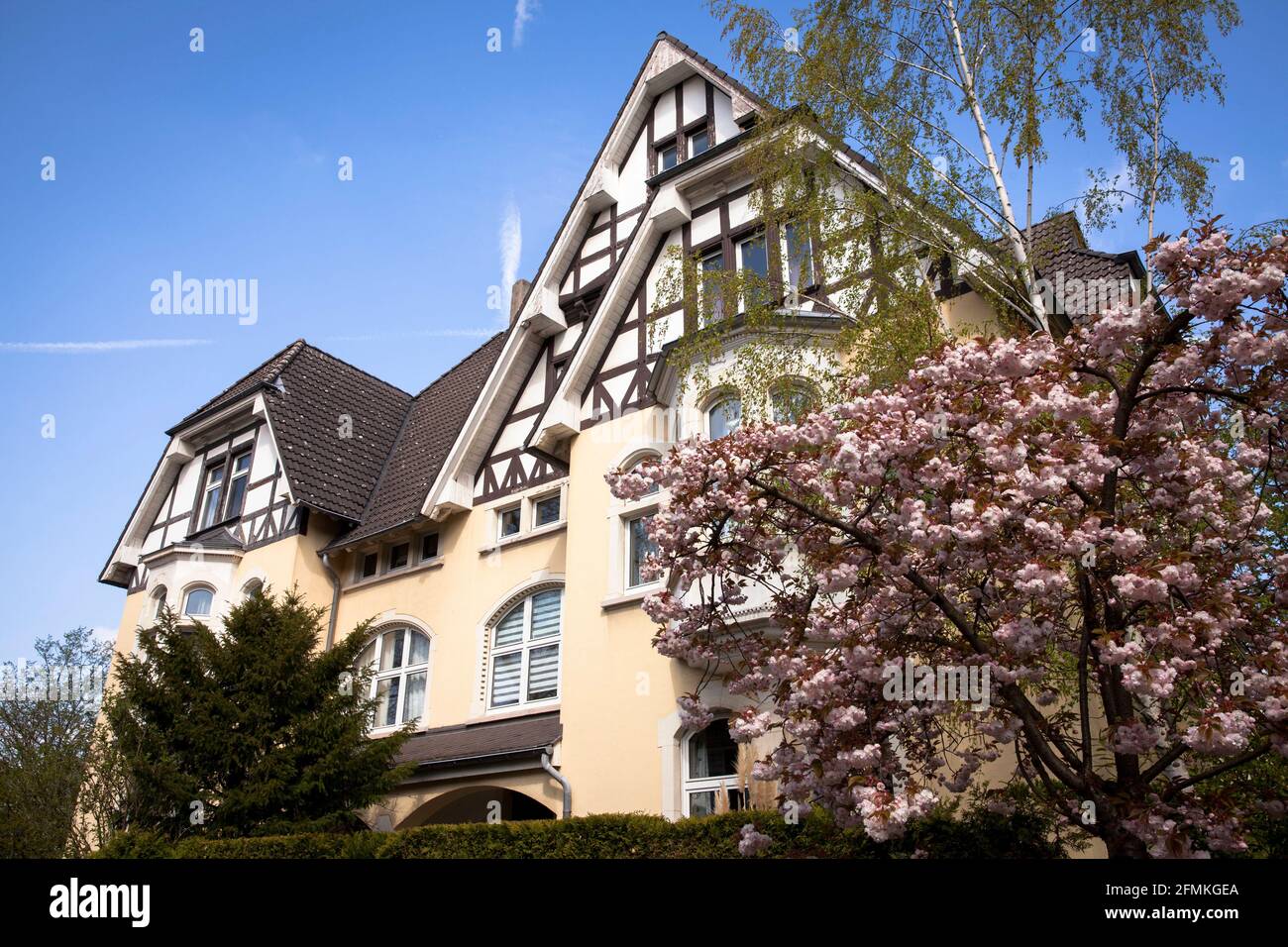 Häuser in der Henry-T.-V.-Boettinger Straße im Stadtteil Wiesdorf, Leverkusen, Nordrhein-Westfalen, Deutschland. Haeuser in der Henry-T.-V.-Boettinger-Stra Stockfoto