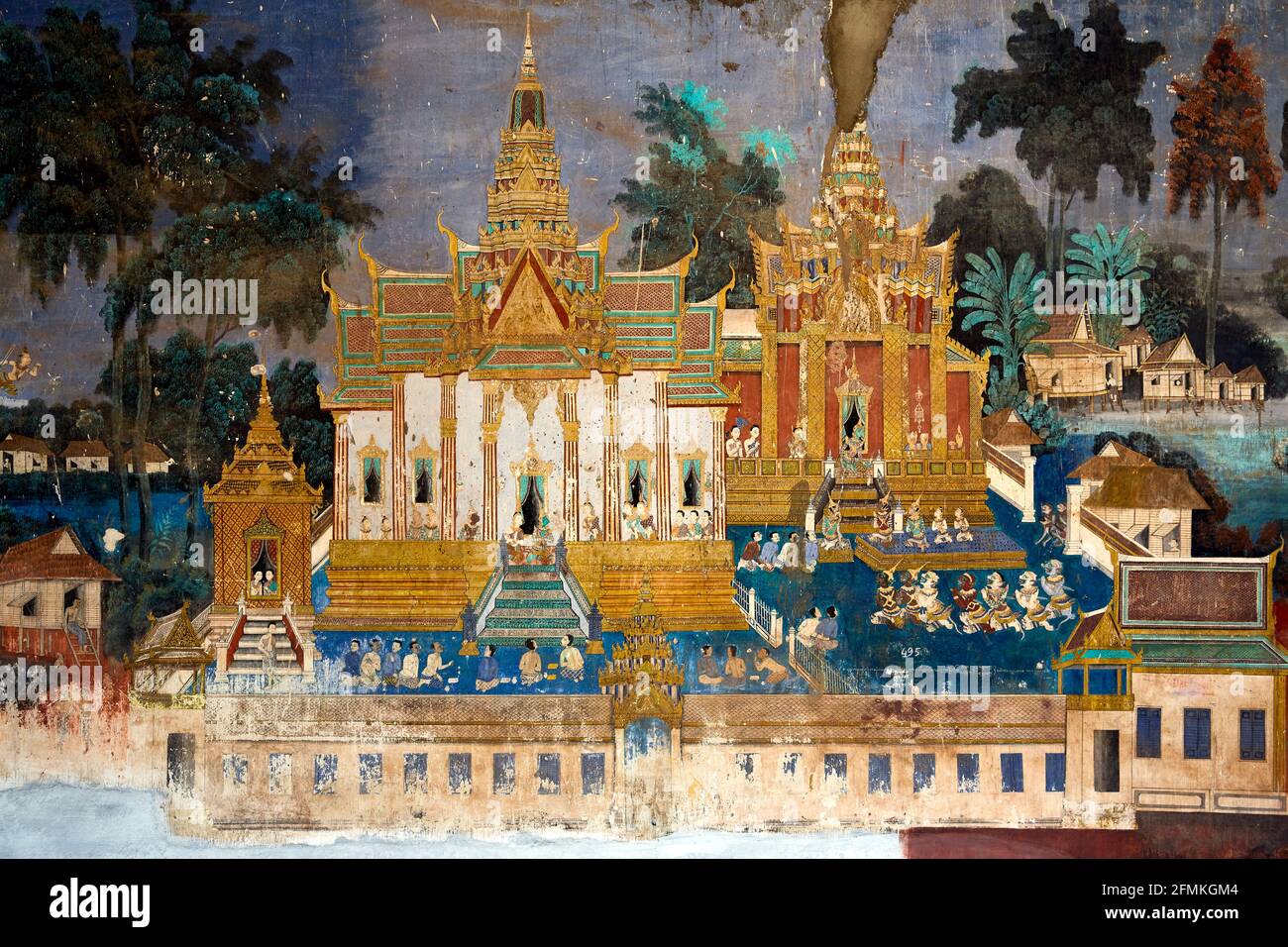 Wandmalereien von Szenen aus der Khmer (Reamker) Version von der klassischen indischen Epos Ramayana, Königspalast, Phnom Penh, Kambodscha Stockfoto