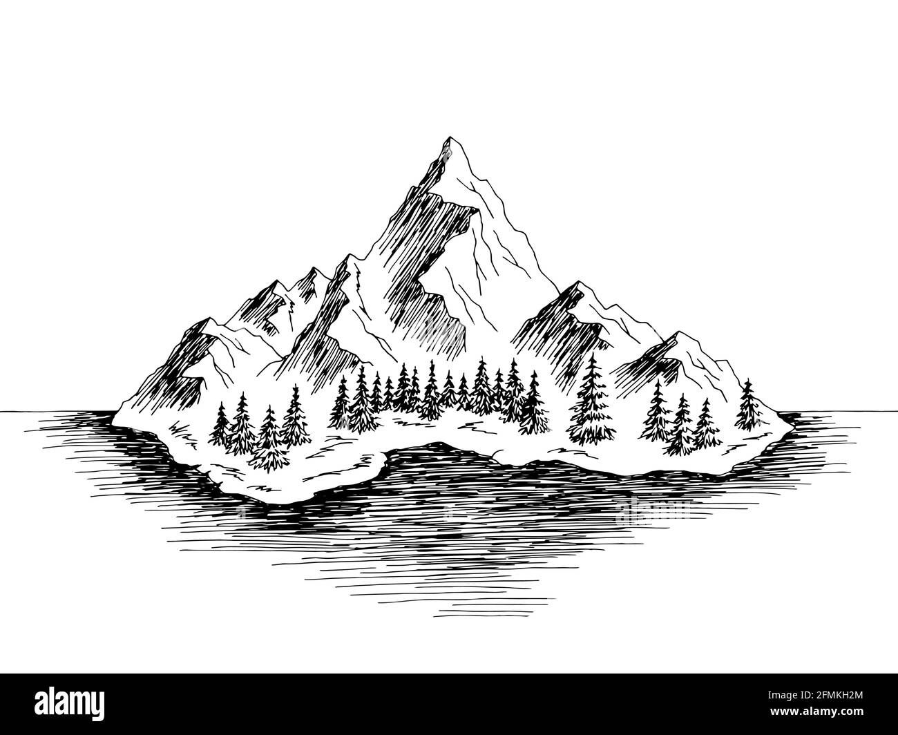 Insel Berg Grafik schwarz weiß Landschaft Skizze Illustration Vektor Stock Vektor