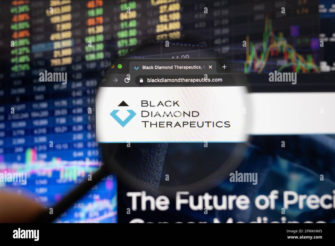 Logo des therapeutischen Unternehmens Black Diamond auf einer Website mit verschwommenen Börsenentwicklungen im Hintergrund, die auf einem Computerbildschirm zu sehen sind Stockfoto