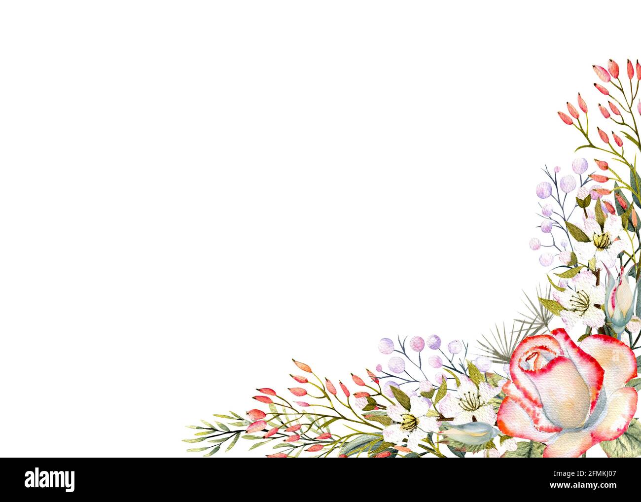 Horizontaler Rahmen mit wasserfarbenen Rosenblüten, Blättern, Dekor. Für die Gestaltung von Grußkarten, Einladungen usw. Stockfoto