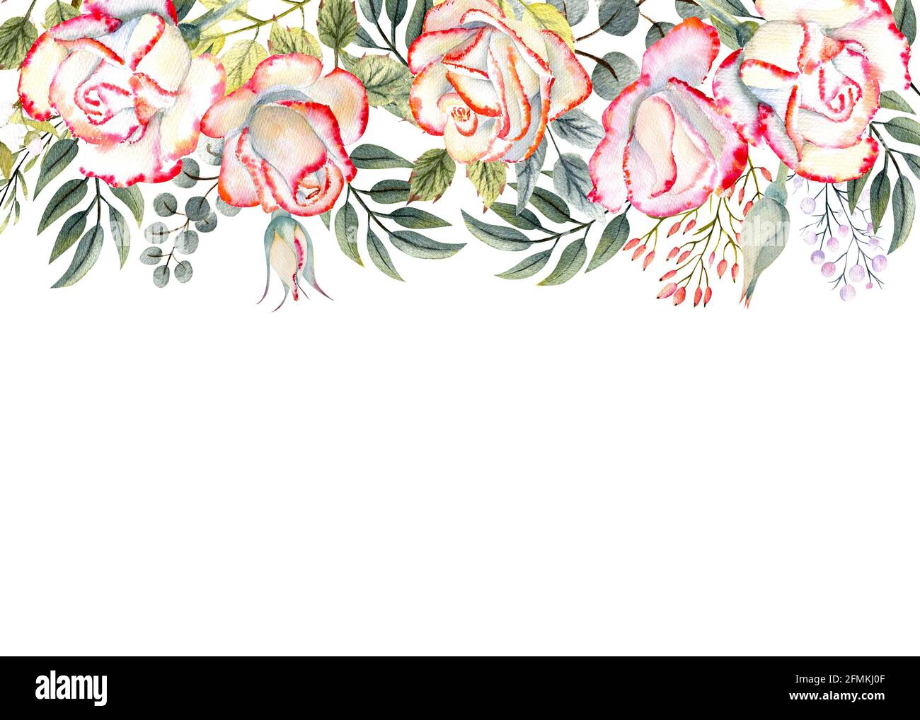 Horizontaler Rahmen mit wasserfarbenen Rosenblüten, Blättern, Dekor. Für die Gestaltung von Grußkarten, Einladungen usw. Stockfoto