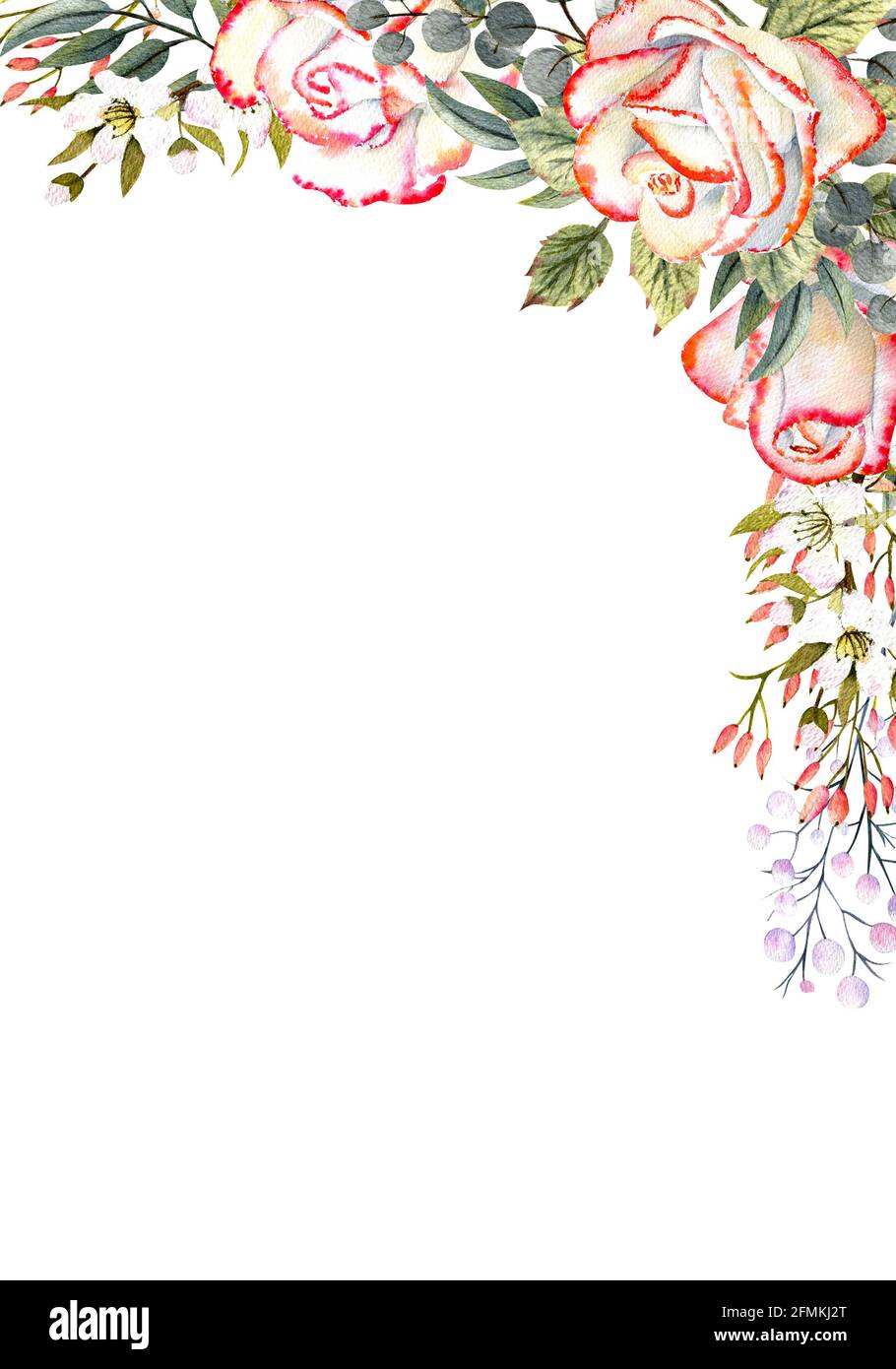 Vertikaler Rahmen mit wasserfarbenen Rosenblüten, Blättern, Dekor. Für die Gestaltung von Grußkarten, Einladungen usw. Stockfoto
