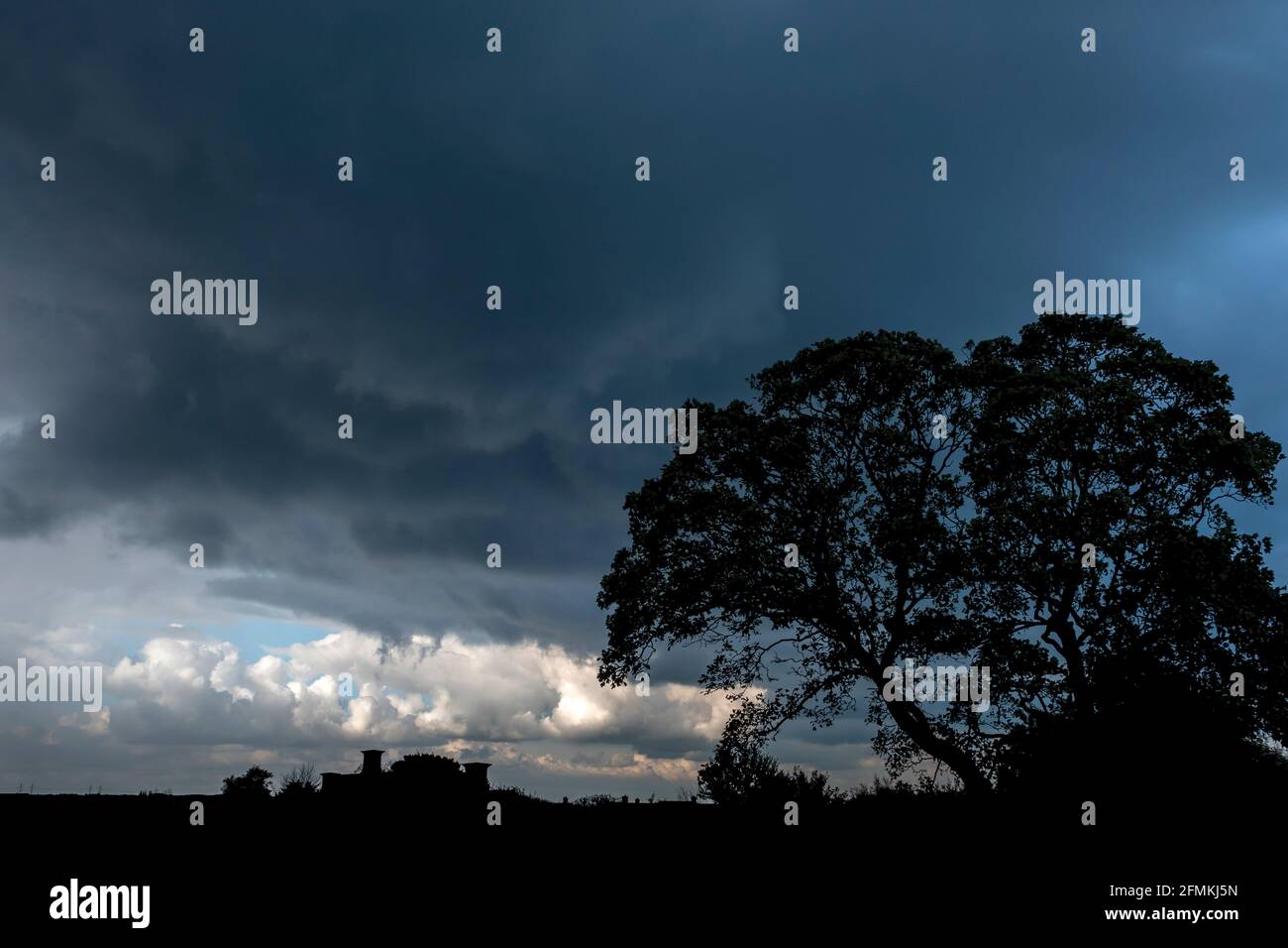 Sammeln von Sturmwolken hinter einem Baum mit Silhouetten an Gebäuden Der Horizont Stockfoto