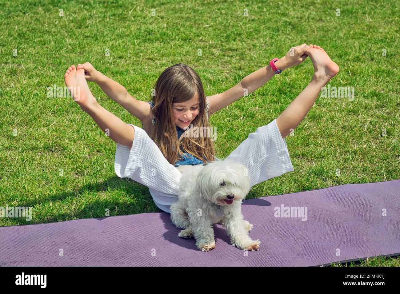 Mädchen mit Hund tut Yoga-Übungen in der Natur im Freien auf Grünes Gras auf der Fitnessmatte, Primerose Hill Park, London, Großbritannien Stockfoto