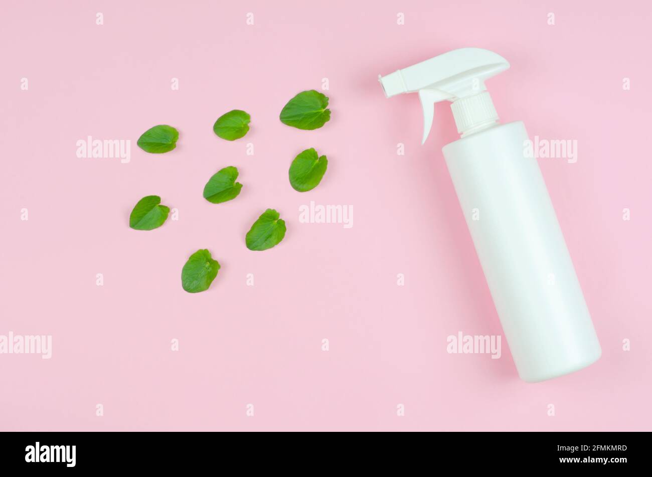 Umweltfreundliche Reinigungsprodukte mit natürlichen Inhaltsstoffen. Weiße Flasche mit Waschmittel und grünen Blättern auf einem rosa Hintergrund Stockfoto