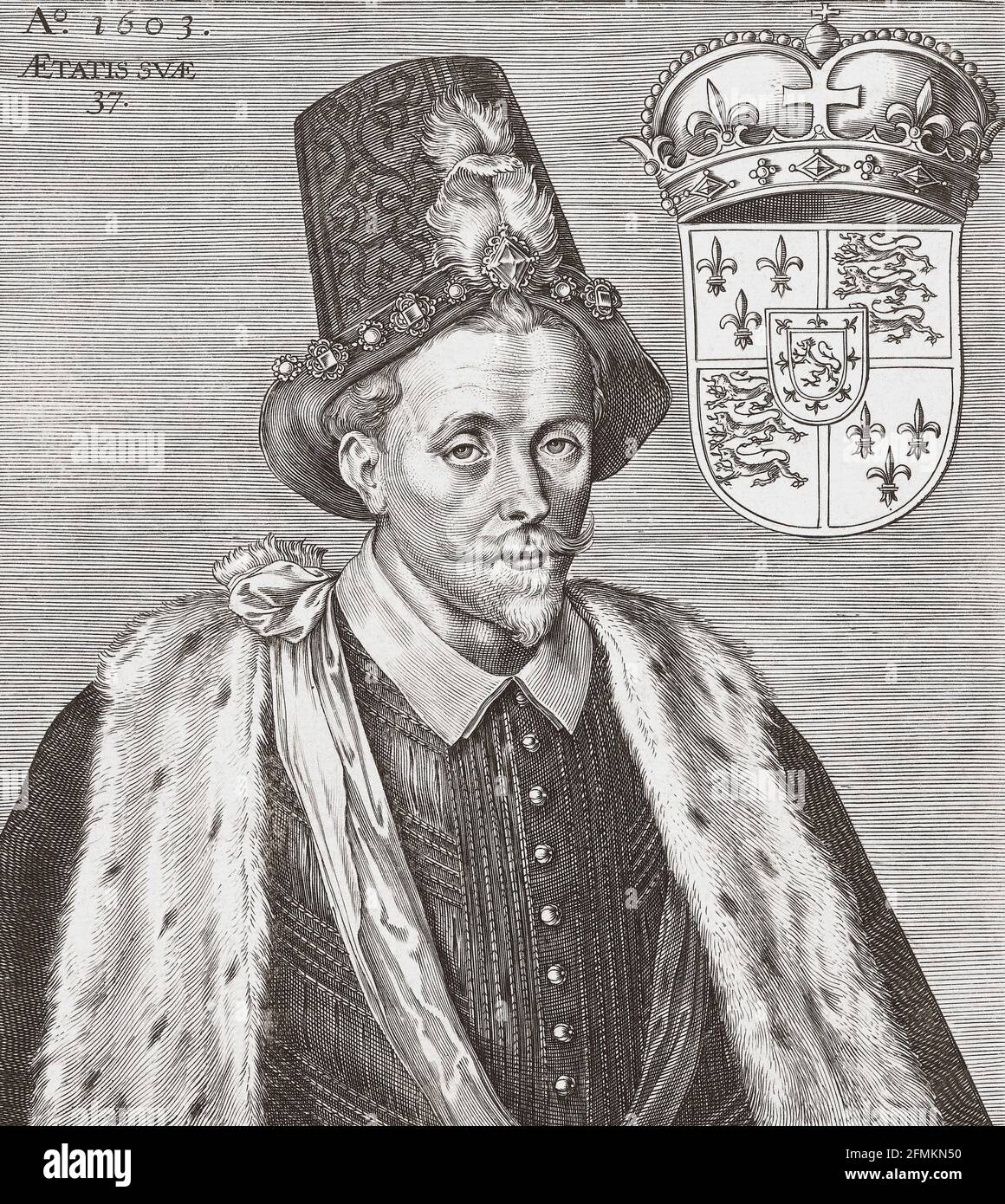 James VI. Und I, 1566 – 1625. König von Schottland als James VI vom 24. Juli 1567 und König von England und Irland als James I vom 24. März 1603 - 1625. Nach einem Stich aus dem frühen 17. Jahrhundert. Stockfoto