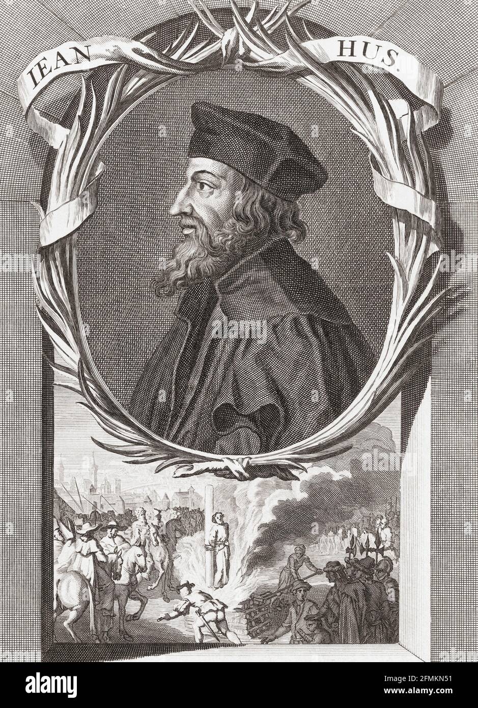 Jan Hus, c. 1369 – 1415, aka John Hus, John Huss, Iohannes Hus oder Johannes Huss. Tschechischer Theologe, römisch-katholischer Priester, Philosoph, Meister, Dekan, Und Rektor der Karlsuniversität in Prag. Nach einem Werk von Bernard Picart. Stockfoto
